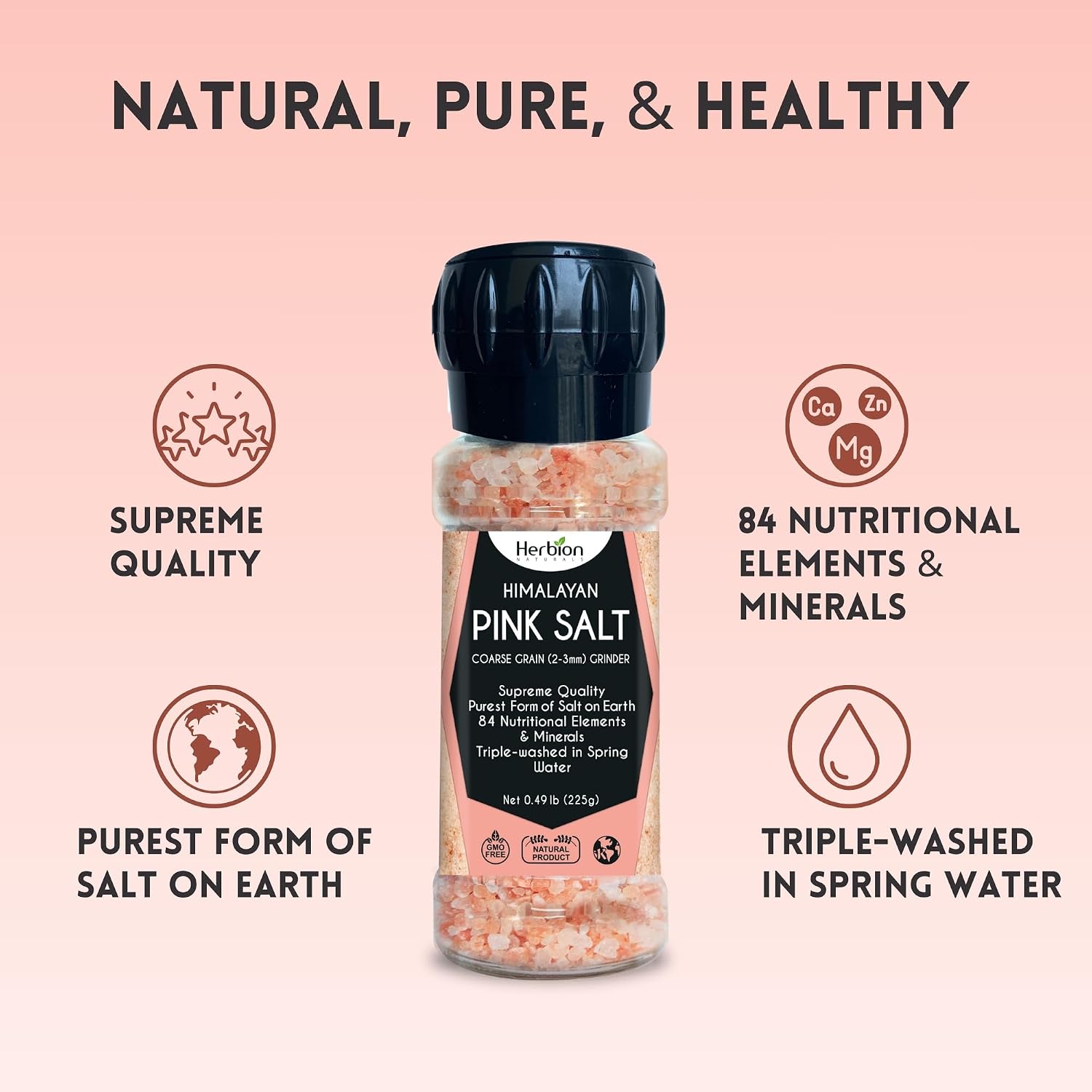HERBION Naturals Himalayan Pink Salt Jar Fine Grain, GMO Free, Supreme Quality Chemical Free, Vegan, Kosher Certified, Fine Grain All Natural Salt
