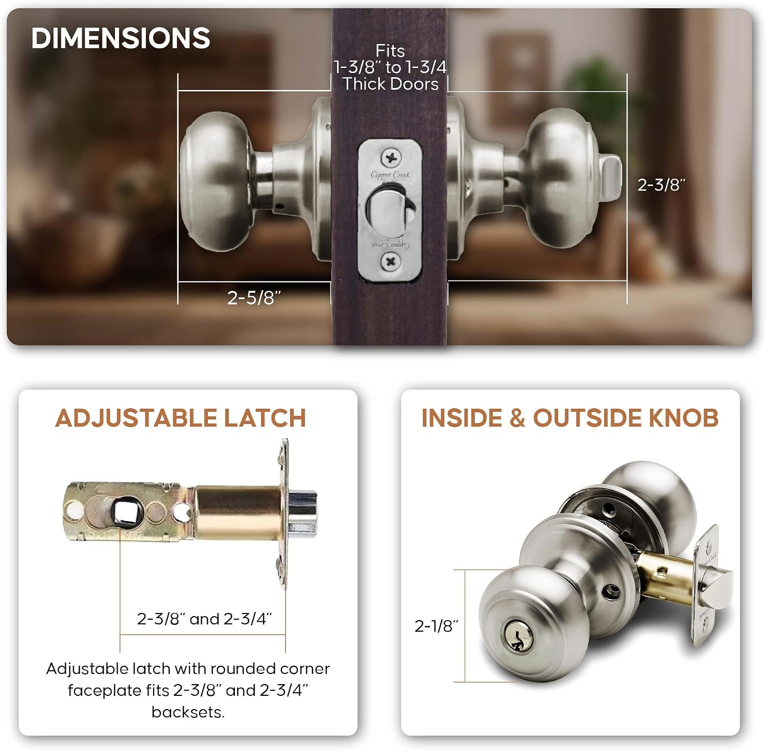 Copper Creek Colonial Privacy Interior Door Knob – ANSI Grade-3 Certified, Modern Heavy Duty Handle, Easy Install and Reversible for Bedroom, Bathroom and Closets – Satin Stainless (1 Pack)