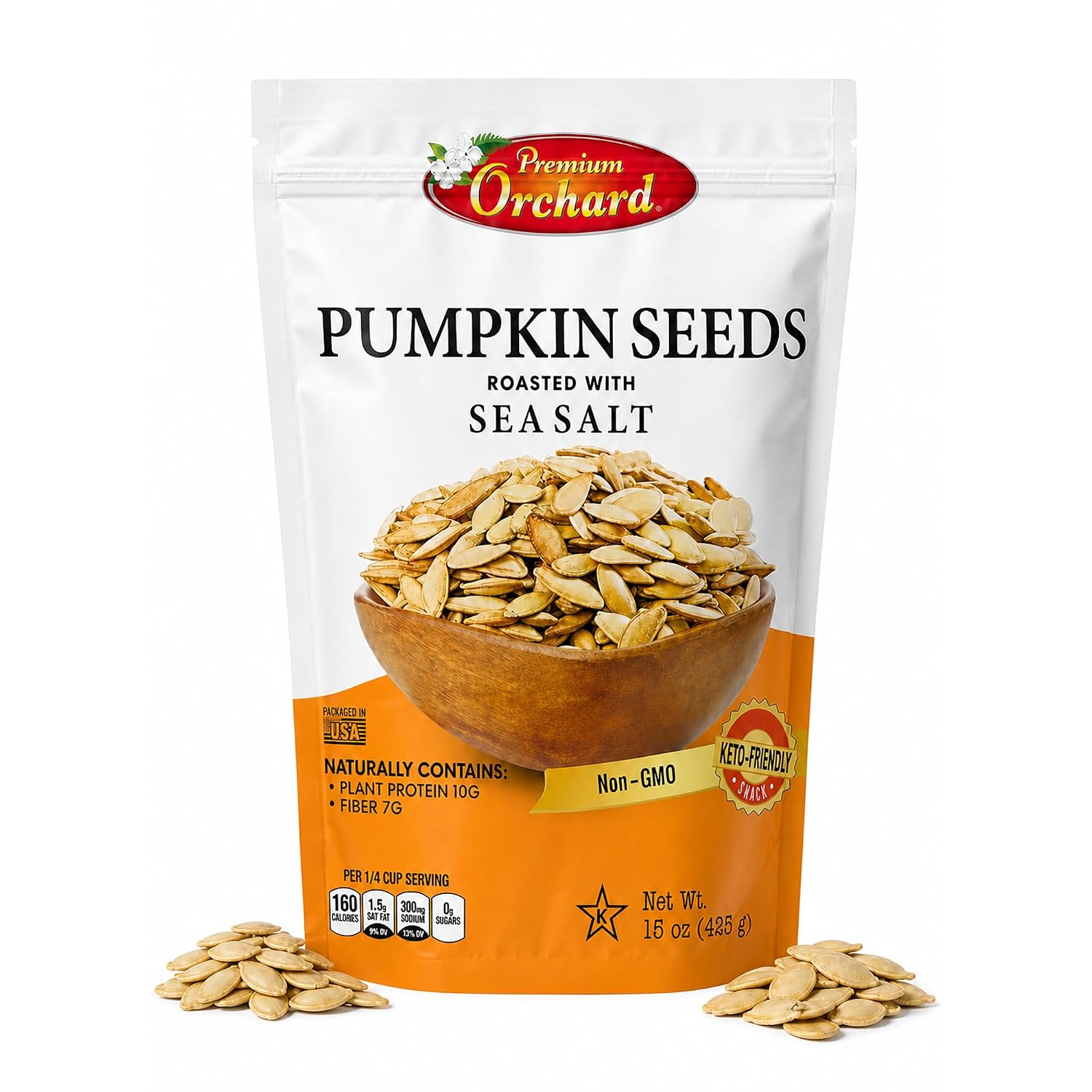 ROASTED PUMPKIN SEEDS to Eat in Shell by Premium Orchards MIXED NUTS - Salted with Sea Salt - Non-GMO Vegan Fresh Healthy Snacks/ - Great source of Plant Protein, Zinc, Magnesium & Iron - 1 Bag