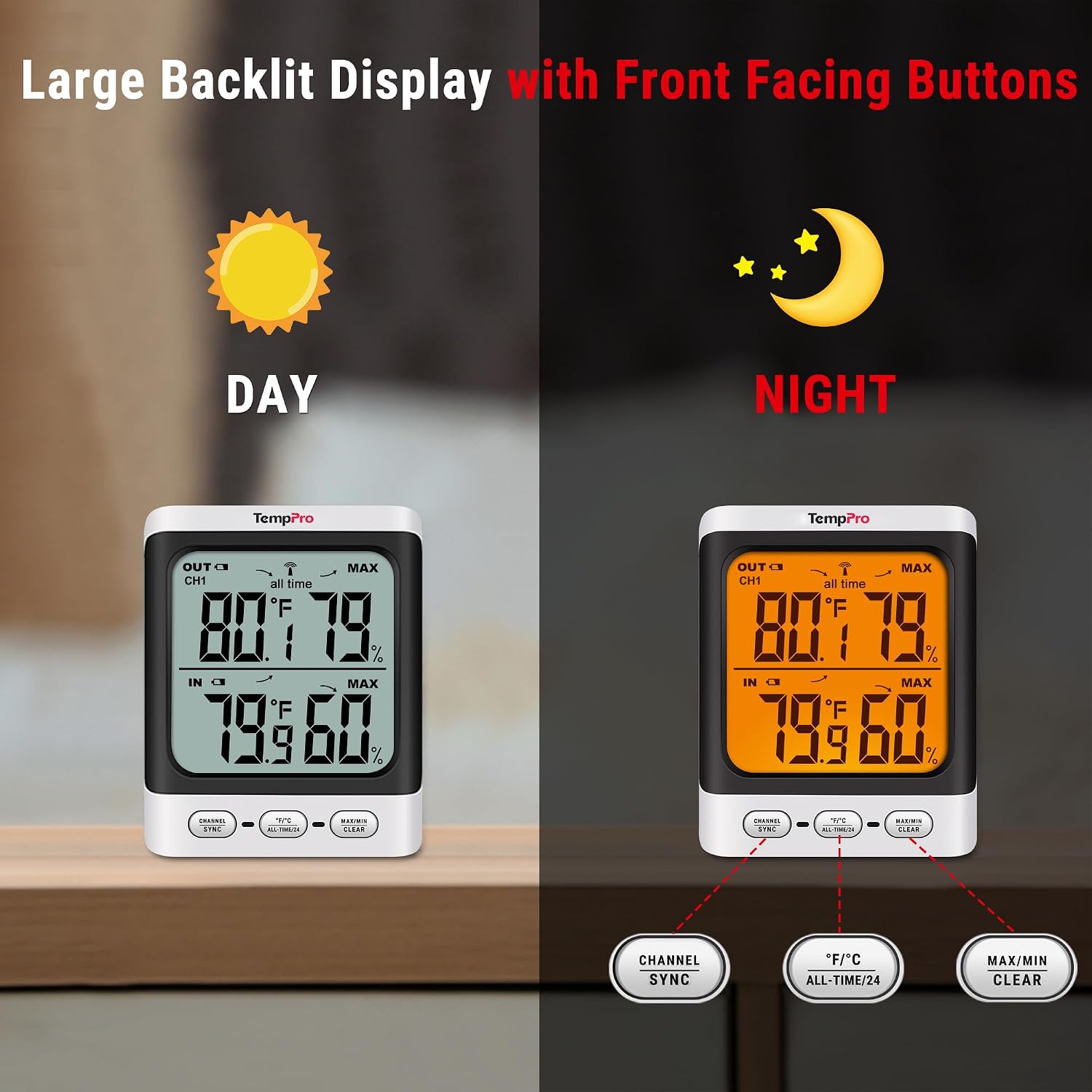 TempPro TempAir 500 FT Indoor Outdoor Thermometer Wireless with Sensor | 3.3" LCD Backlit Display, Front Button