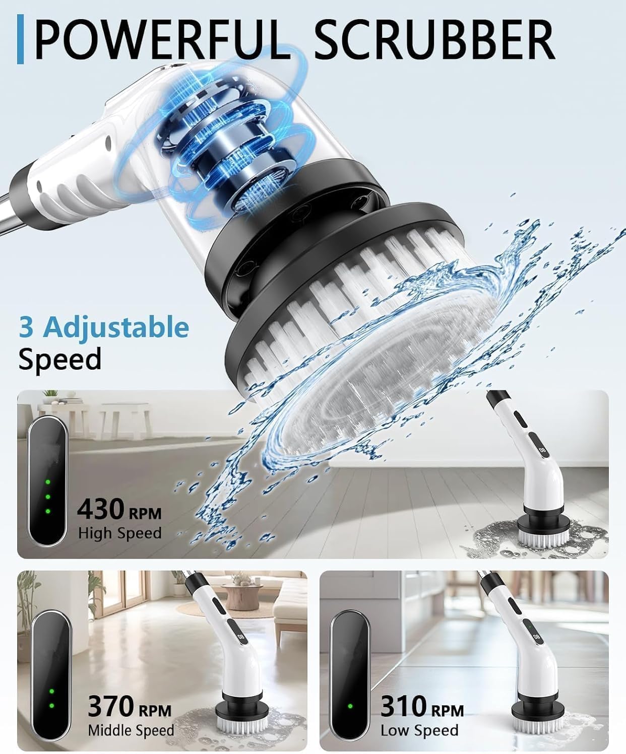 Electric Spin Scrubber for Cleaning Bathroom, Shower Scrubber Cordless Cleaning Brush with IPX7 Waterproof & 3 Speed, 9 Brush Heads
