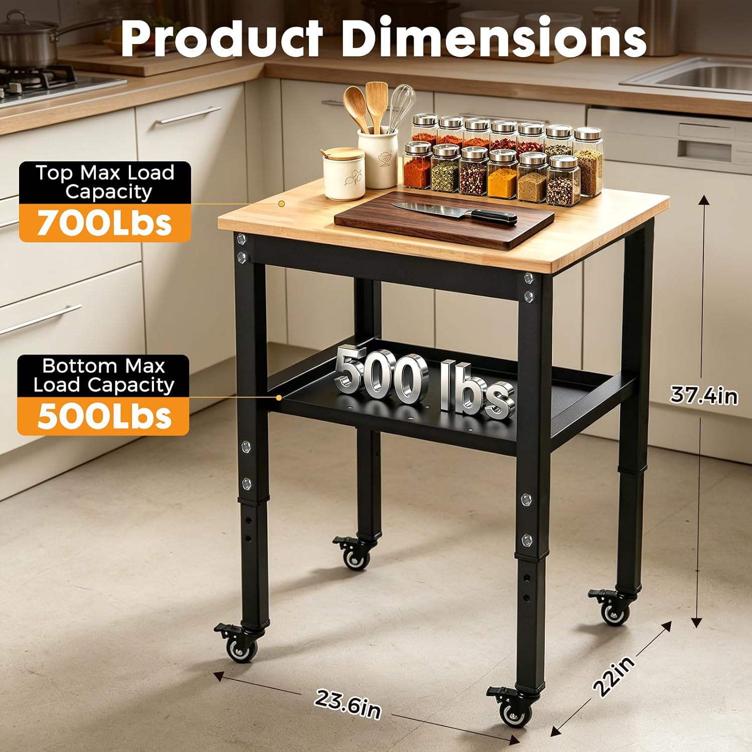 48" Adjustable Rubberwood Workbench with Foldable Extension Board & Power Outlet, Extra Large 48x32In 9-Level Height 27"-37", 2000 LBS Heavy Duty for Workshop Garage Office Home