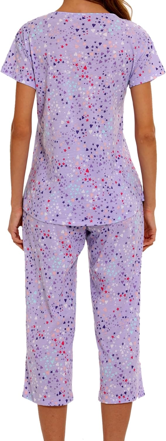ENJOYNIGHT Womens Pajama Set Cotton Summer Pj Top with Capri Pant Sleepwear
