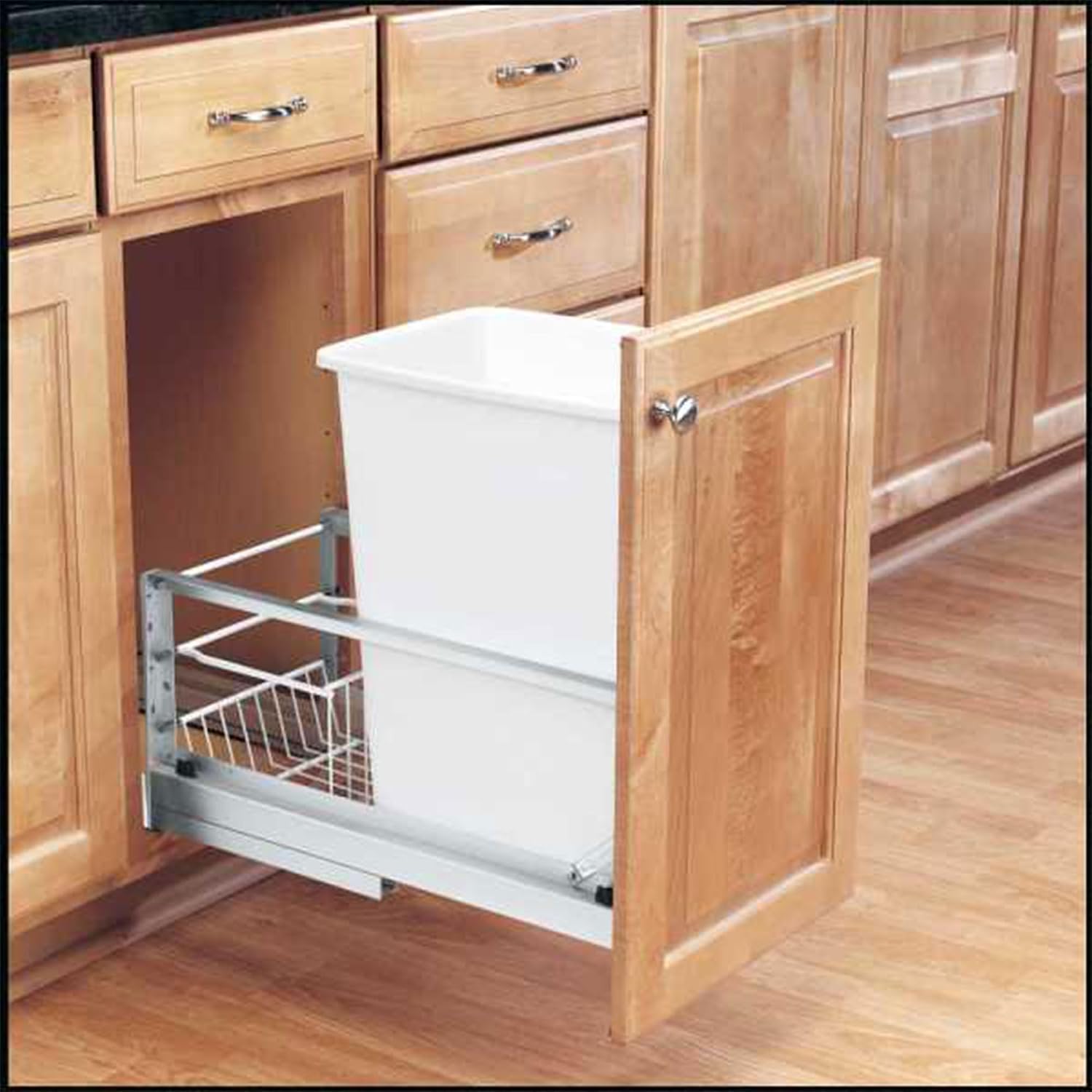 Rev-A-Shelf 35 Qt Aluminum Bottom Mount Double Pullout Waste Container w/Soft-Close for Base Kitchen Cabinets, Min. 15" Opening Width, Silver & White, 5349-15DM18-2