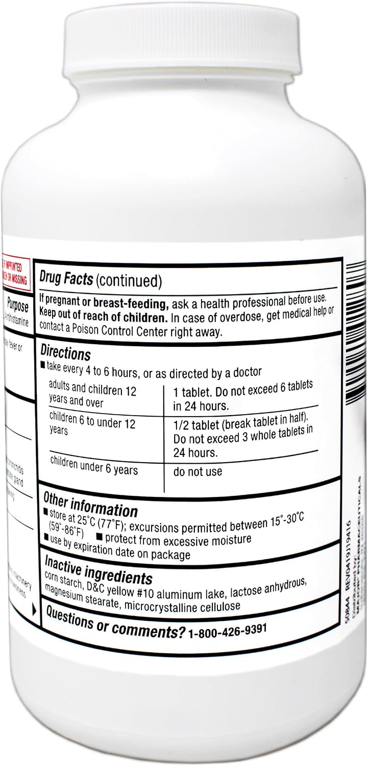 Major Allergy Tablets, Chlorpheniramine Maleate 4 mg, Antihistamine 4 Hour, 1000 Tablets