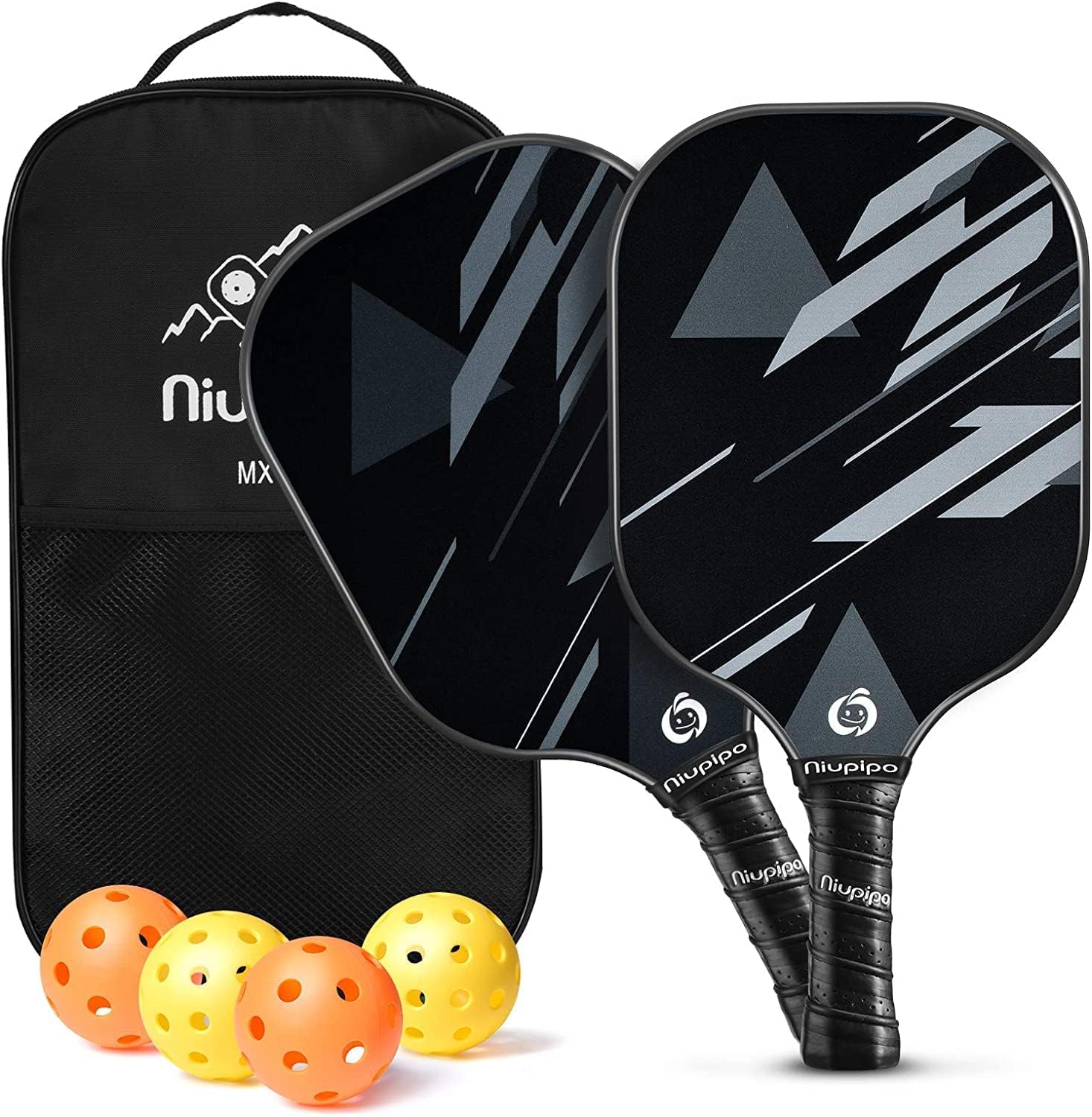 niupipo Pickleball Paddles Set of 2 or 4, USAPA Approved Fiberglass Pickleball Paddle Set with Balls and Bag, Polypropylene Honeycomb Core