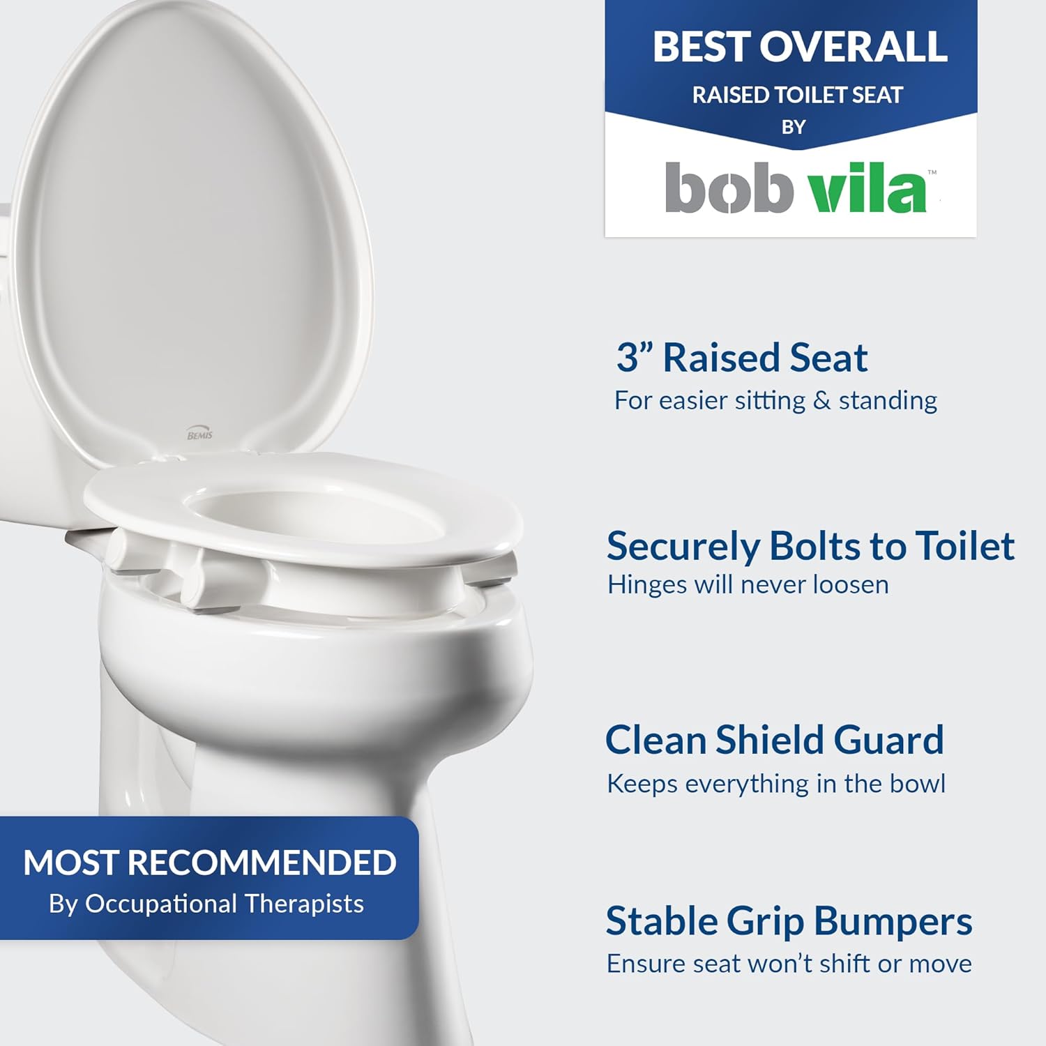 Bemis Assurance 3" Raised Toilet Seat for Seniors, Therapist Preferred for Safety, Secure Hinges, Clean Shield Guard, Elongated, White
