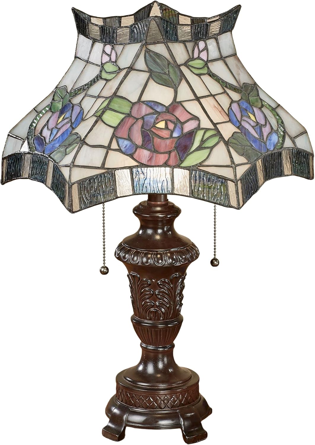 Touch of Class Cicily Rose Stained Glass Table Lamp - Blue, Lavender, Green - Handcrafted - Antique Look - Tiffany Style Lamps for Bedroom Decor