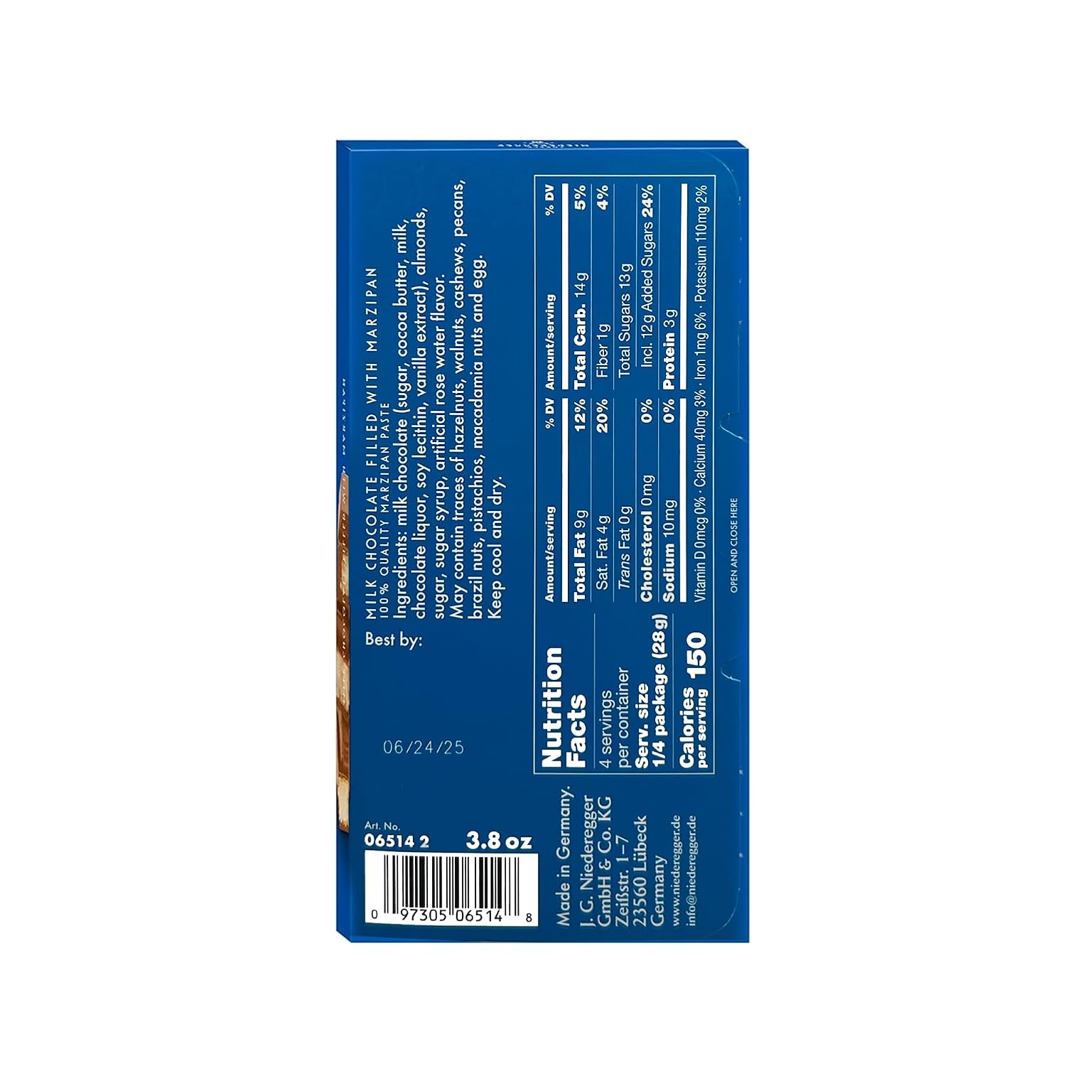Niederegger Milk Chocolate Marzipan Bar 110g/3.8 oz | Delicious world-renowned Marzipan encased with Rich