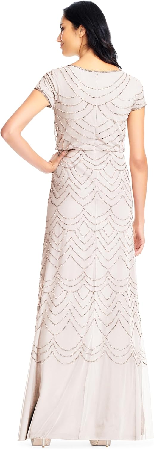 Adrianna Papell Womens Short Sleeve Blouson Beaded Gown