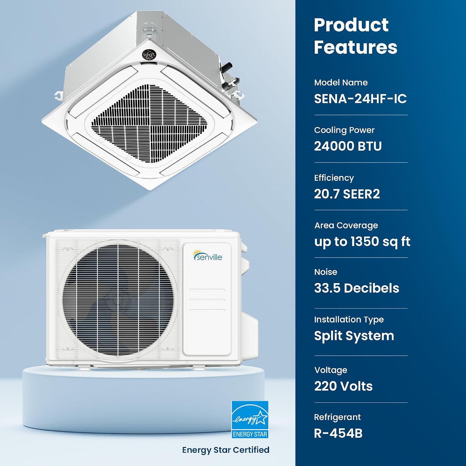Senville Ceiling Cassette Mini Split AC/Heating System, Inverter, 18000 BTU | 208/230V, Energy Star Certified, AHRI Certified, 16ft Line Set Included, Heat Pump