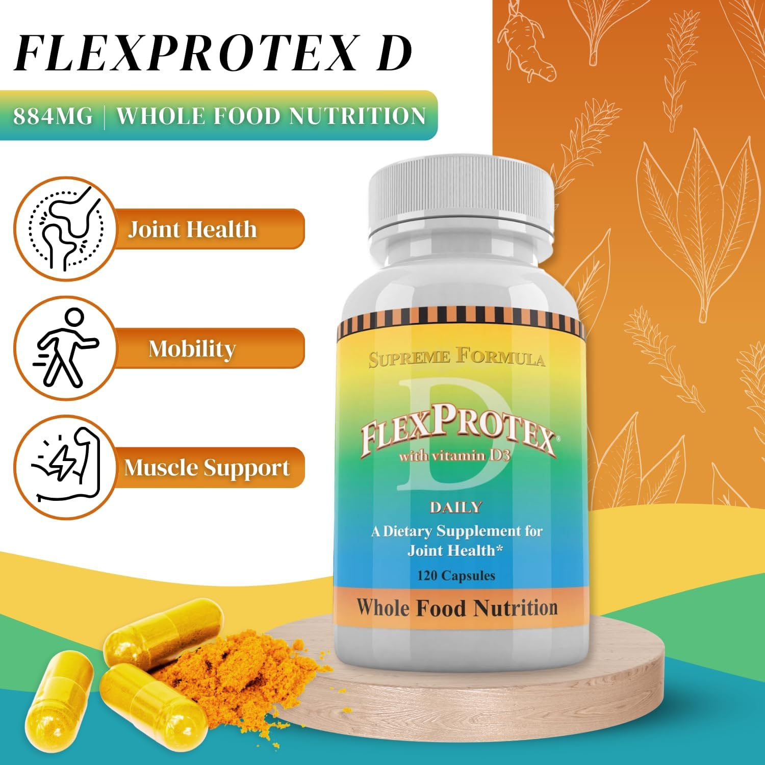 Daily Health, Flexprotex D 884mg Joint Muscle Support 120 Capsules Natural Herbal Turmeric Chondroitin Glucosamine Yucca Boswellia Hyaluronic Acid Ashwagandha D3 Magnesium (1 Month Supply)
