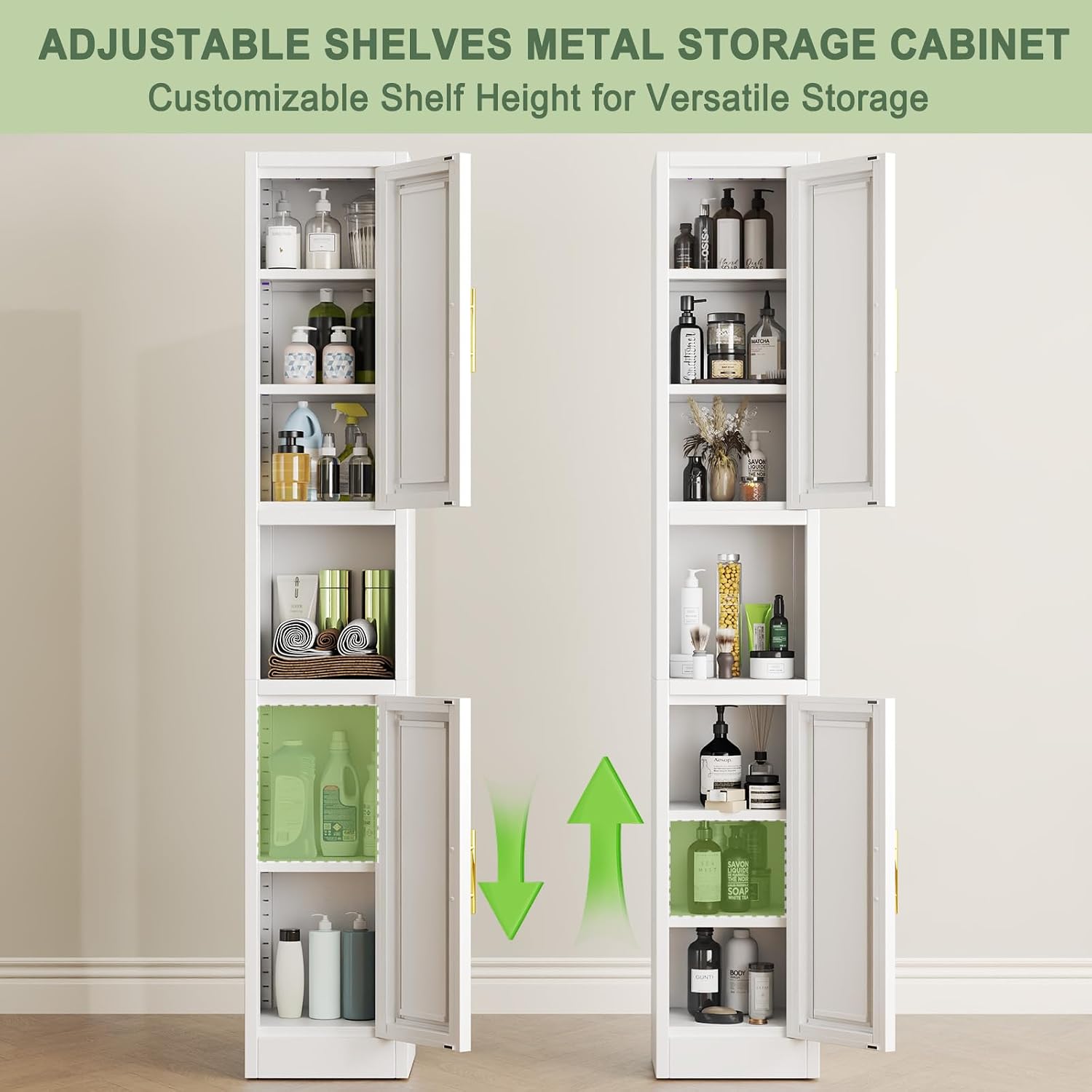 pozdeg 67" Tall Narrow White Metal Storage Cabinet | 2 Doors, 4 Adjustable Shelves, Freestanding Slim Pantry Organizer for Bathroom Kitchen Living Room