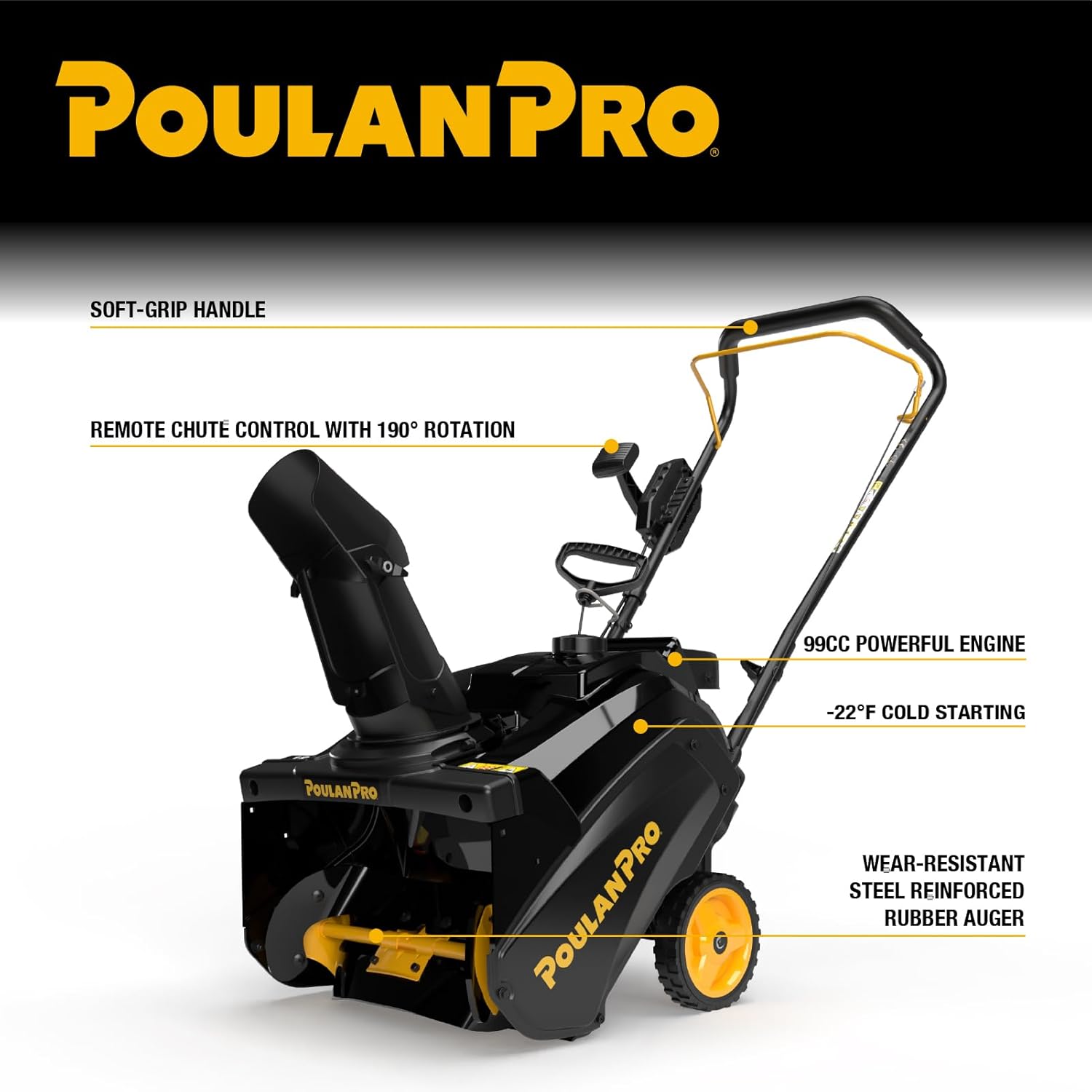 Poulan Pro Snow Blower Gas Powered, Single Stage 18 Inch Gas Snow Thrower | with Electric Start, 190° Remote Chute Control