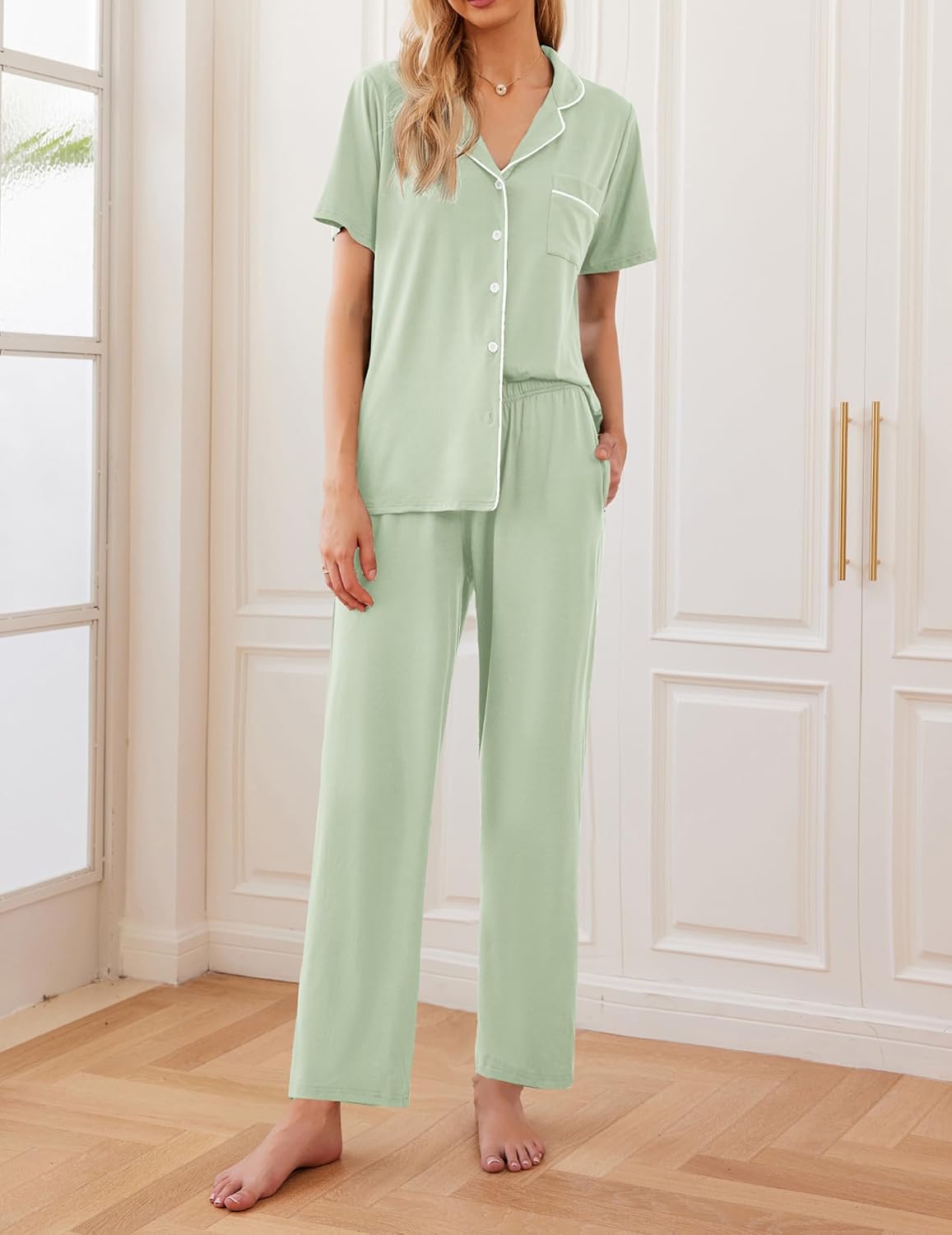 Ekouaer Womens Pajamas Set Short Sleeve Button Down Top & Pants Lounge Pjs