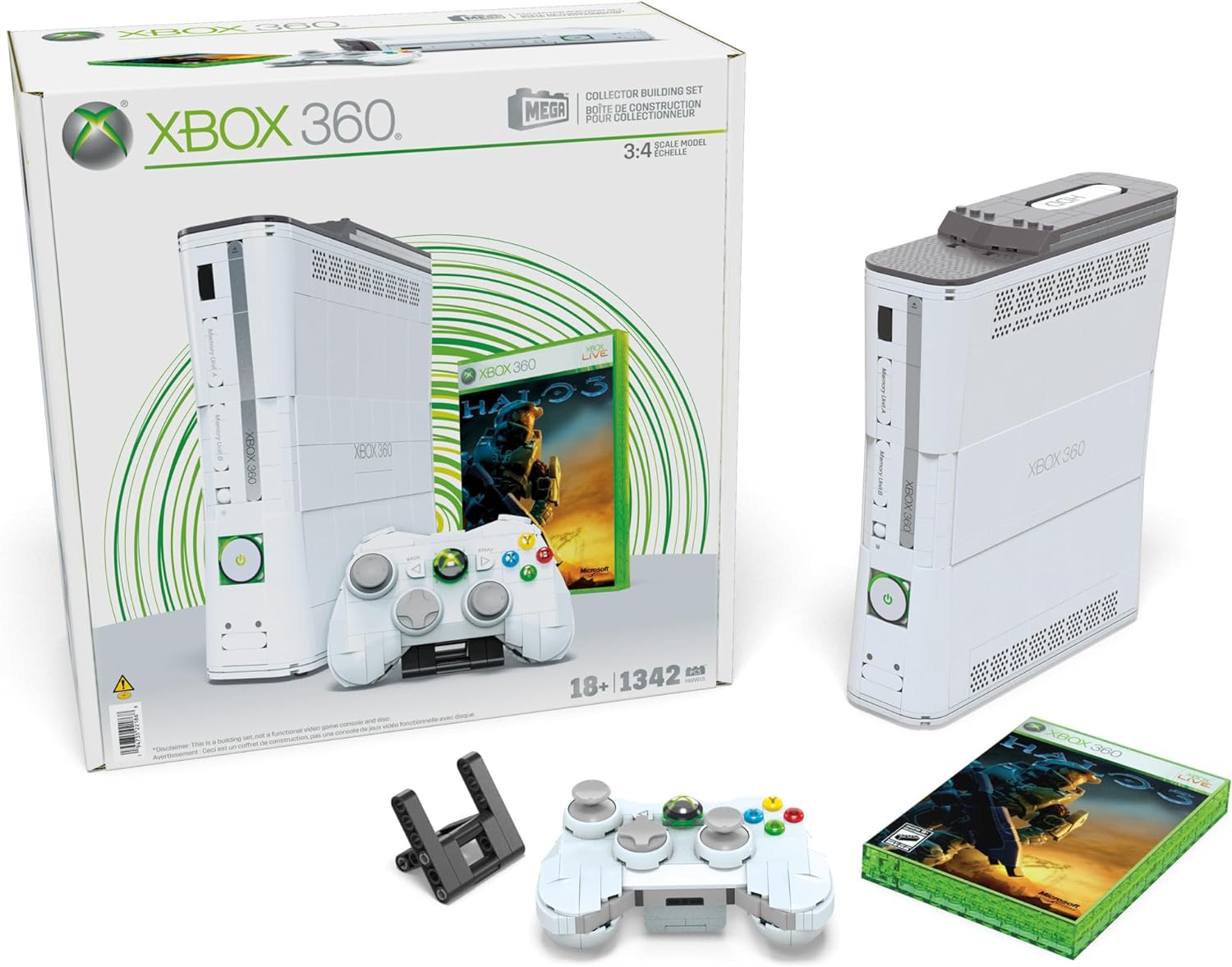 MEGA Microsoft Collectible Building Set, Xbox 360 Replica Model with 1342 Pieces, Controller and LED Lights, Build & Display Toy for Adult Collectors