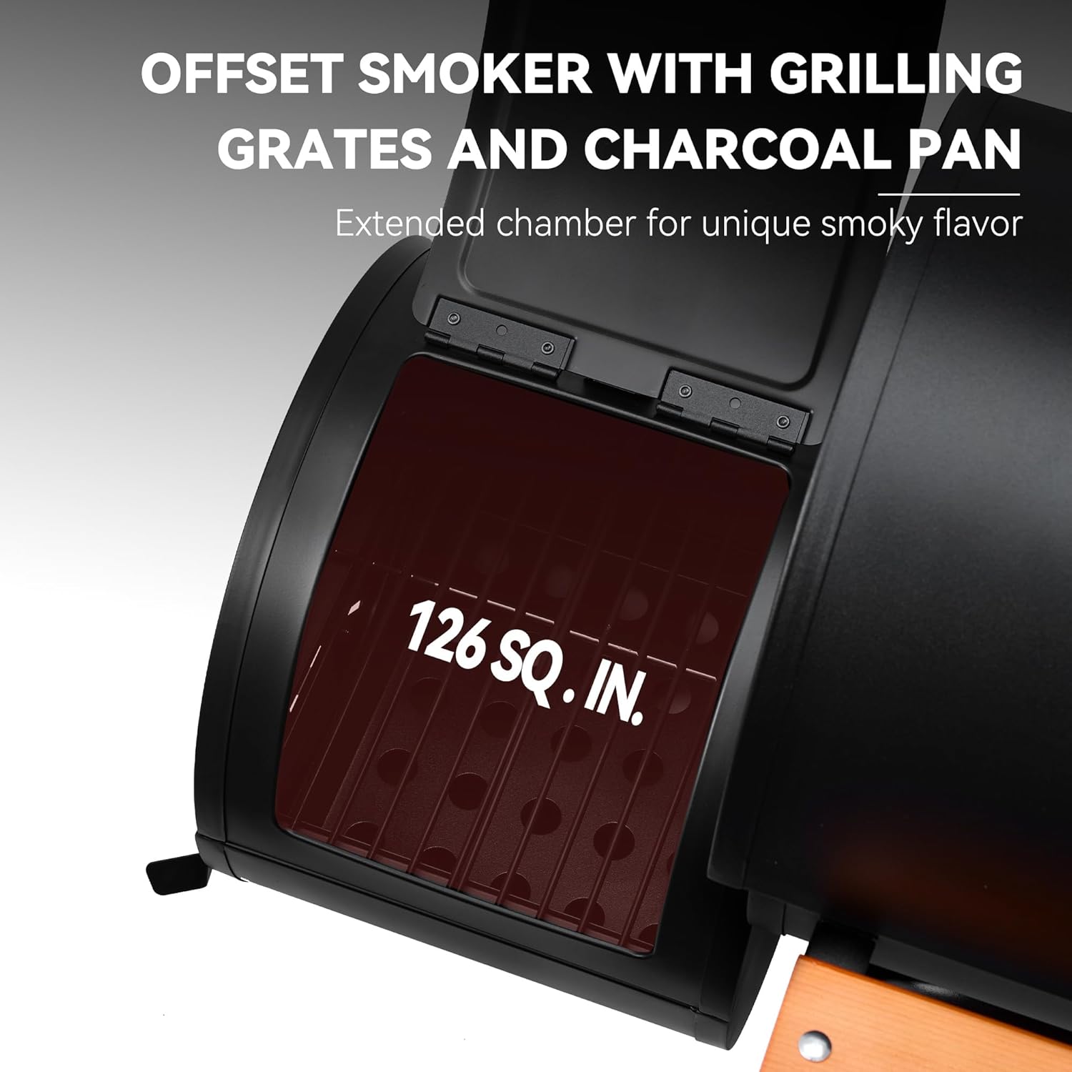 Royal Gourmet CC1624W Barrel Charcoal Grill with Offset Smoker, 552 Sq. In. | Wooden Front and Side Shelf with Hooks, Mesh Bottom Shelf