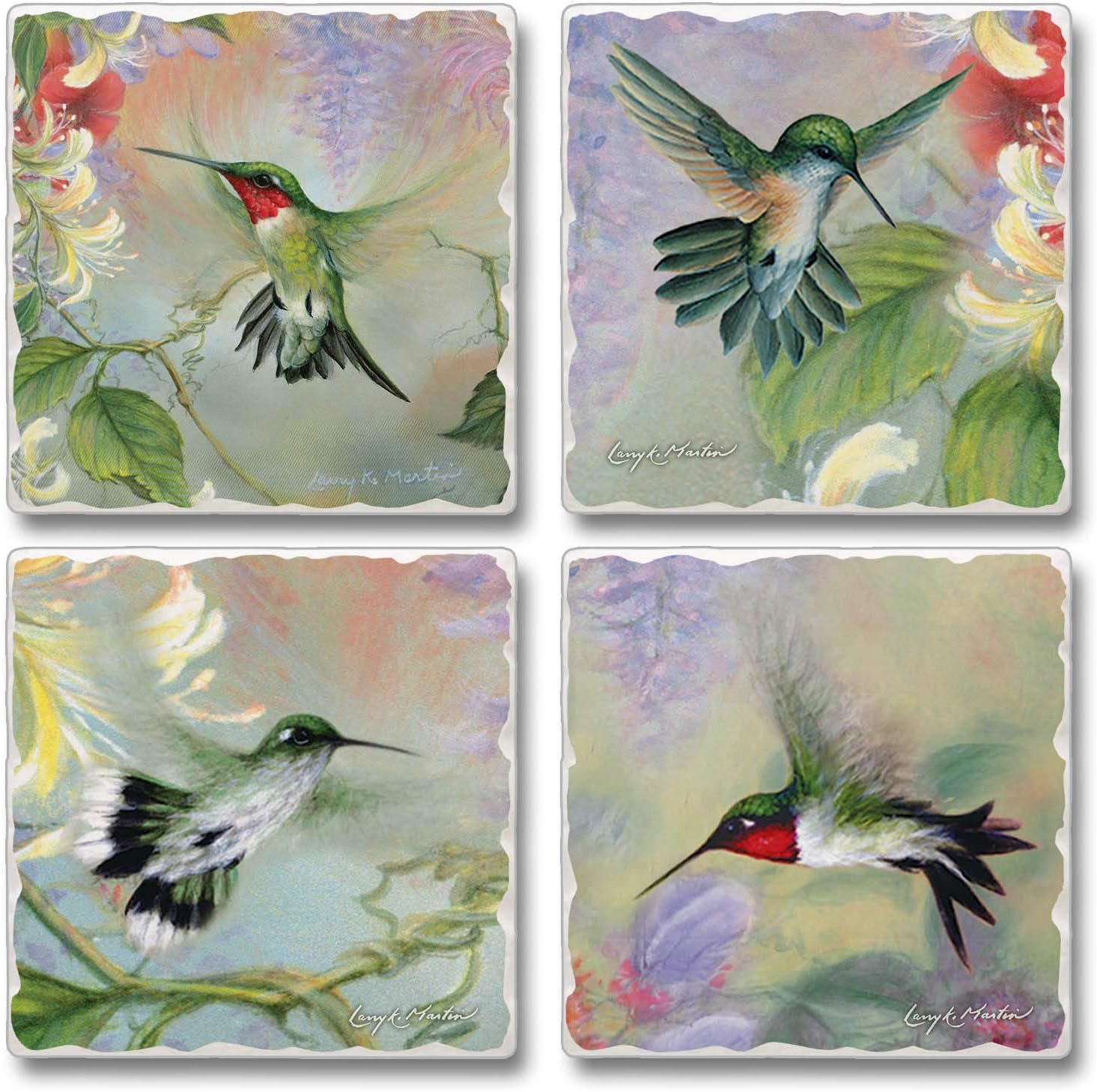 Thirstystone Hummingbirds 4 Pack Tumbled Tile Stone Coasters | 4" Square, Protective Cork Backing, Manufactured in the USA, Absorbent