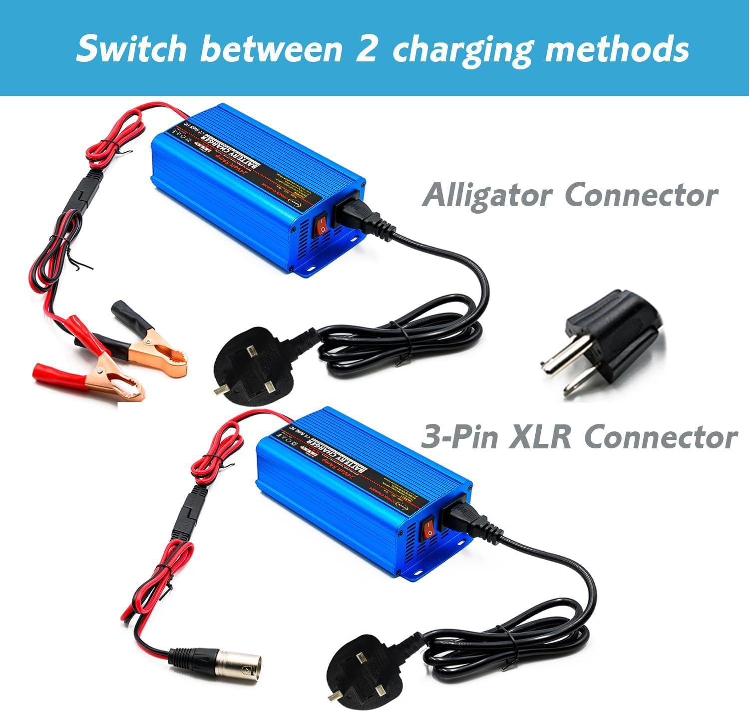 Unocho 24V 5A Battery Charger Maintainer 4-Stage Smart Lead-Acid Charger with 3-Pin XLR Connector Power Switch and LED Display for Wheelchairs Mobility Scooters AGM Gel SLA VRLA