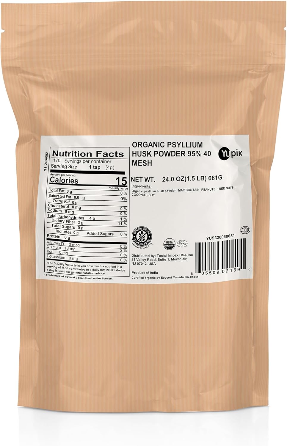 Yupik Organic Psyllium Husk Powder 8.8oz, 95% Purity, Soluble Fiber, USDA Certified, Non-GMO, Vegan, Gluten-Free, Unflavored, Plant-Based, Coarse Milled Husk for Baking & Digestive Health