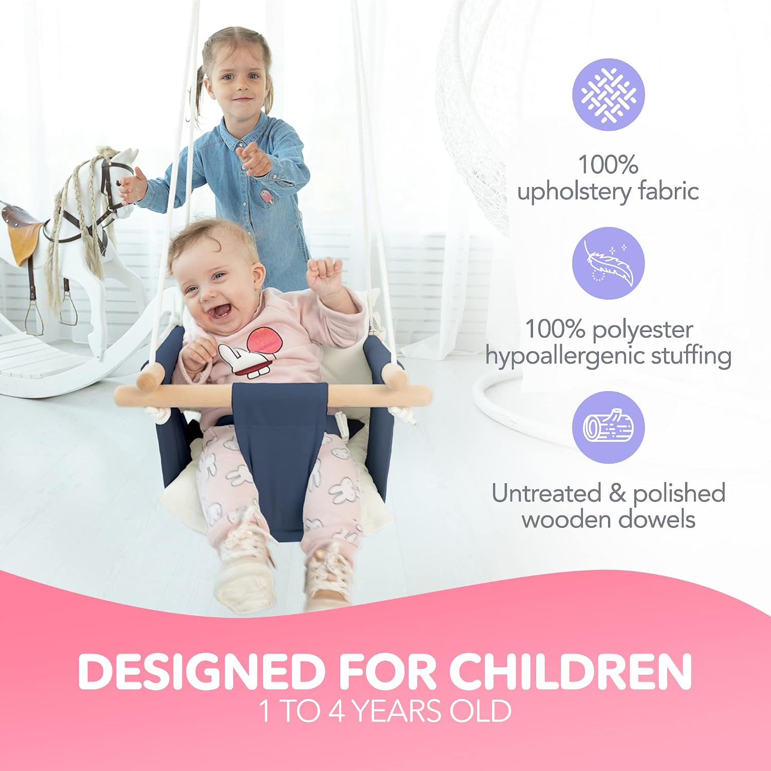 CaTeam Canvas Baby Swing Seat with 5-Point Safety Belt — Wooden Hanging Toddler Swing, Indoor & Outdoor, Ages 1-4, Ceiling Mount Hardware Included