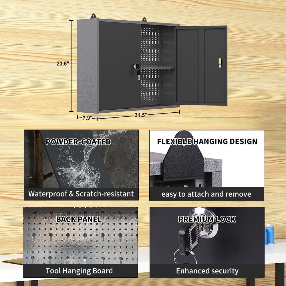 Storage Workbench System Set with Lockable Cabinet, Includes Metal Wall Cabinets Pegboards & Hooks, Wood Worktop for Garage Office Repair Shop