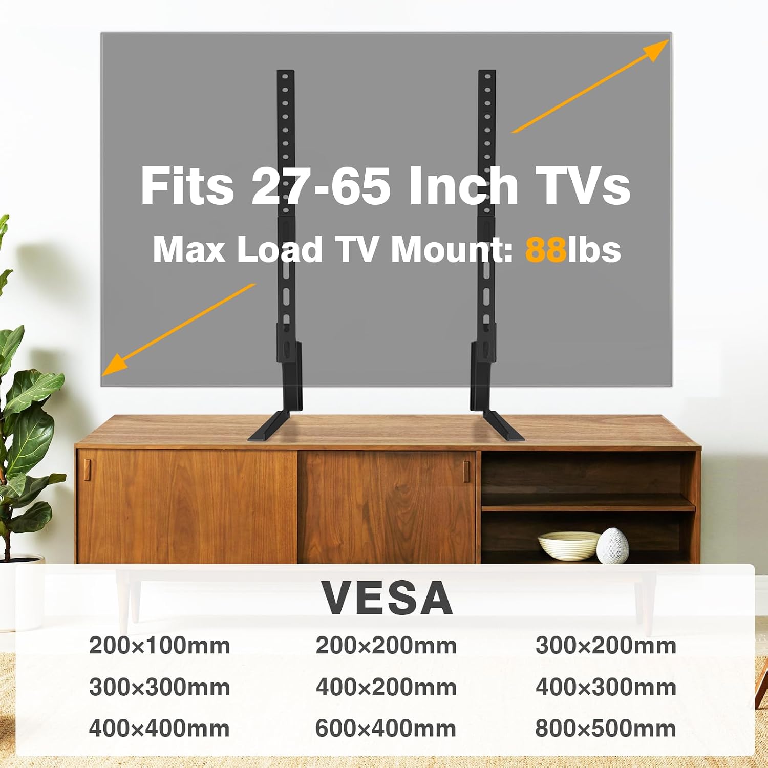 TAVR Universal Table Top TV Stand for 27-65 inch TVs Holds up to 88 lbs | Height Adjustable TV Legs, Strong TV Base, Max VESA 800x500mm, Black