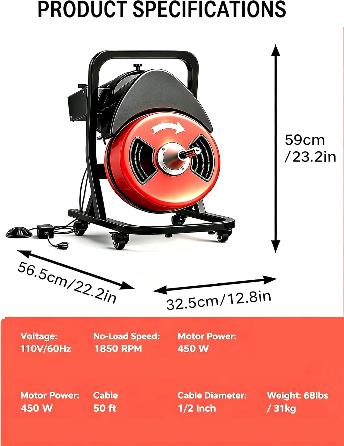 100Ft 3/4 Inch Drain Cleaning Machine. Sewer Snake 750w Auto Feed | Portable Drain Cleaning Machine Electric Drain Auger Sewer Auger with 6 Cutter Air-Activated Foot Switch for 4" to 8" Pipes