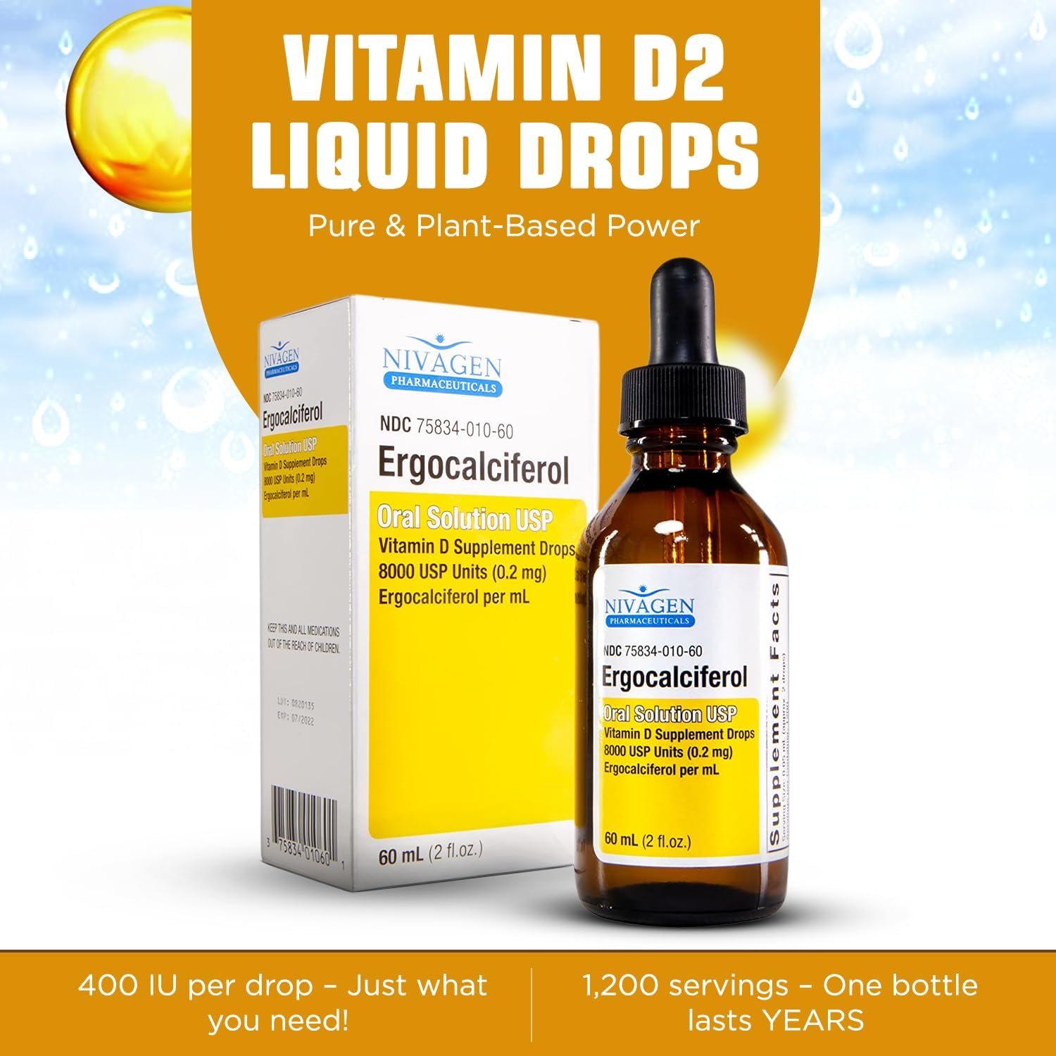 Nivagen Vitamin D2 Liquid Drops 8, 000 USP (Ergocalciferol) | 400 IU per Serving | 2 Drops Once Daily | 1, 200 Servings