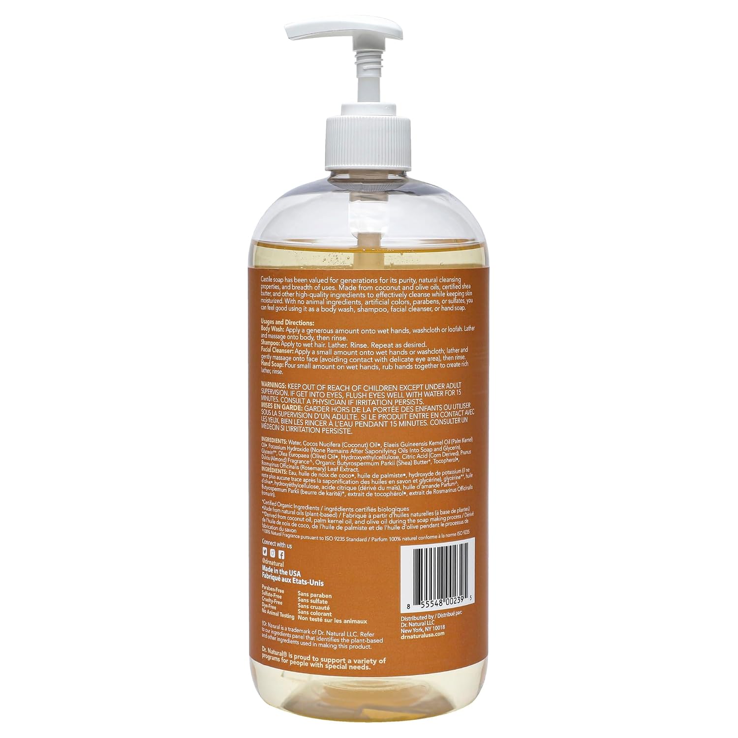 Dr. Natural Castile Liquid Soap - Multi-Use Body Wash, Shampoo and Face Wash - Hydrating Body Soap for Skin, Hair, Pets and Home - Eucalyptus - 32 oz