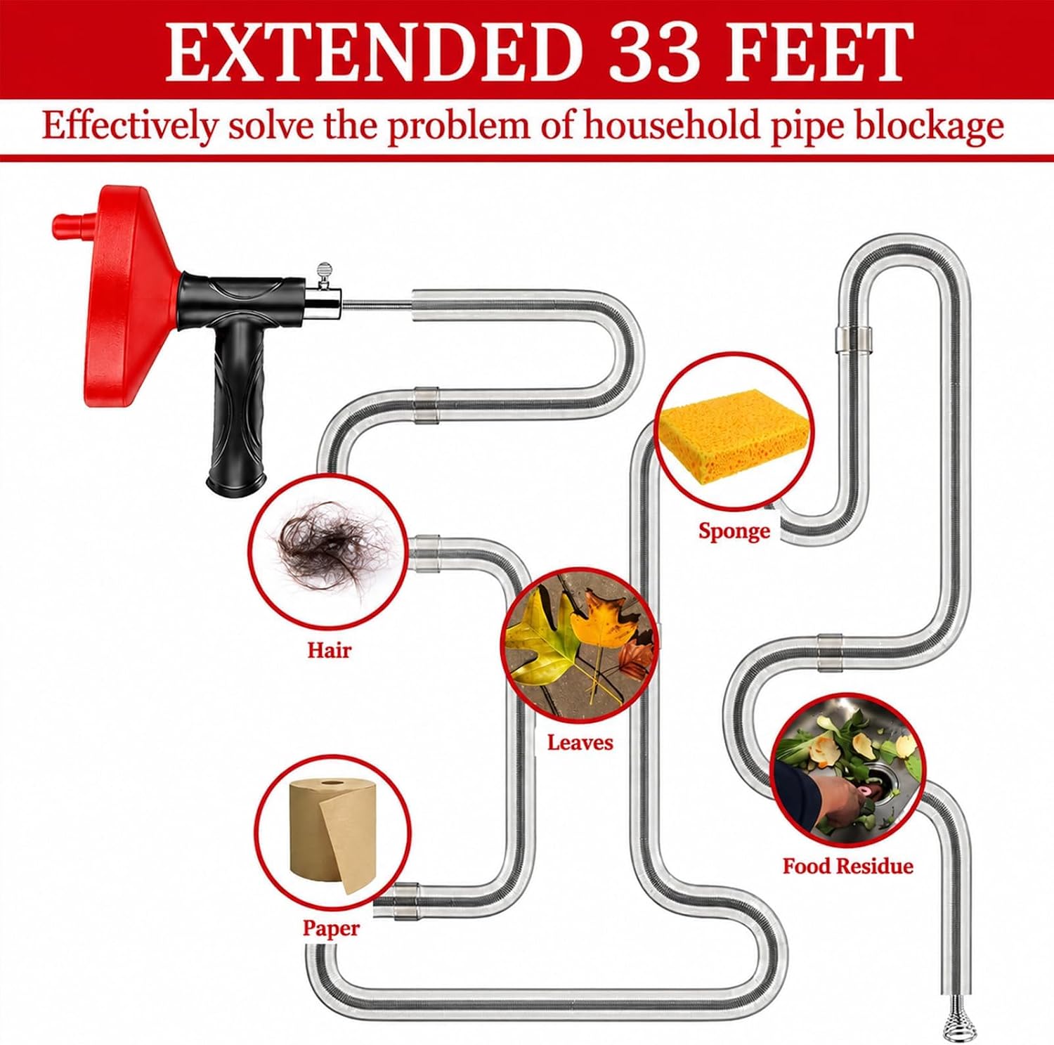 Drain Snake Auger, 33 Feet Plumbing Snake Drain Hair Clog Removal Tool, Heavy Duty Snake Auger