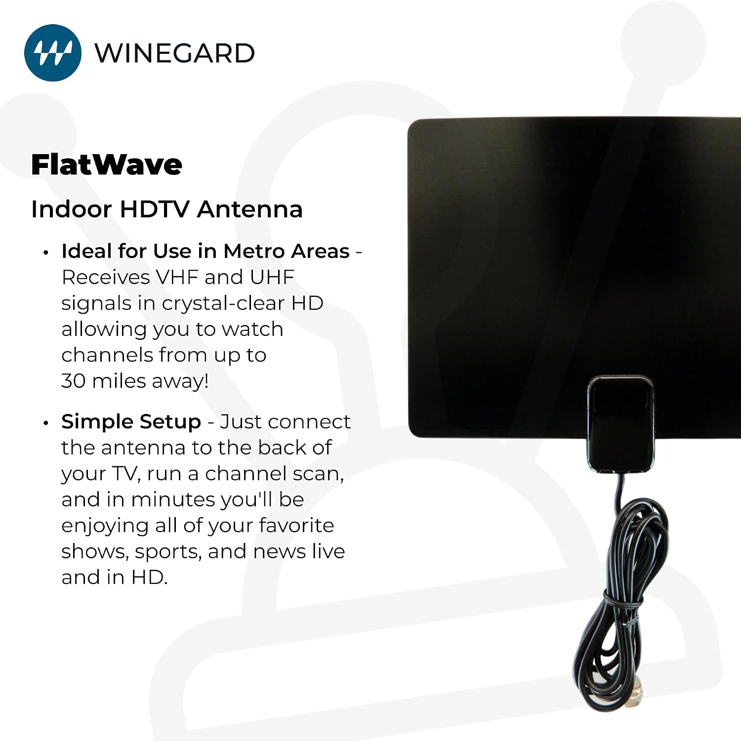 Winegard FL-5000 Indoor HD Antenna FlatWave - Non-Amplified VHF/UHF Indoor TV Antenna-Over-the-Air Reception-40 Mile Range-NextGen TV Compatible Ultra-Thin-Dual Color Easy Setup-For Metro Areas
