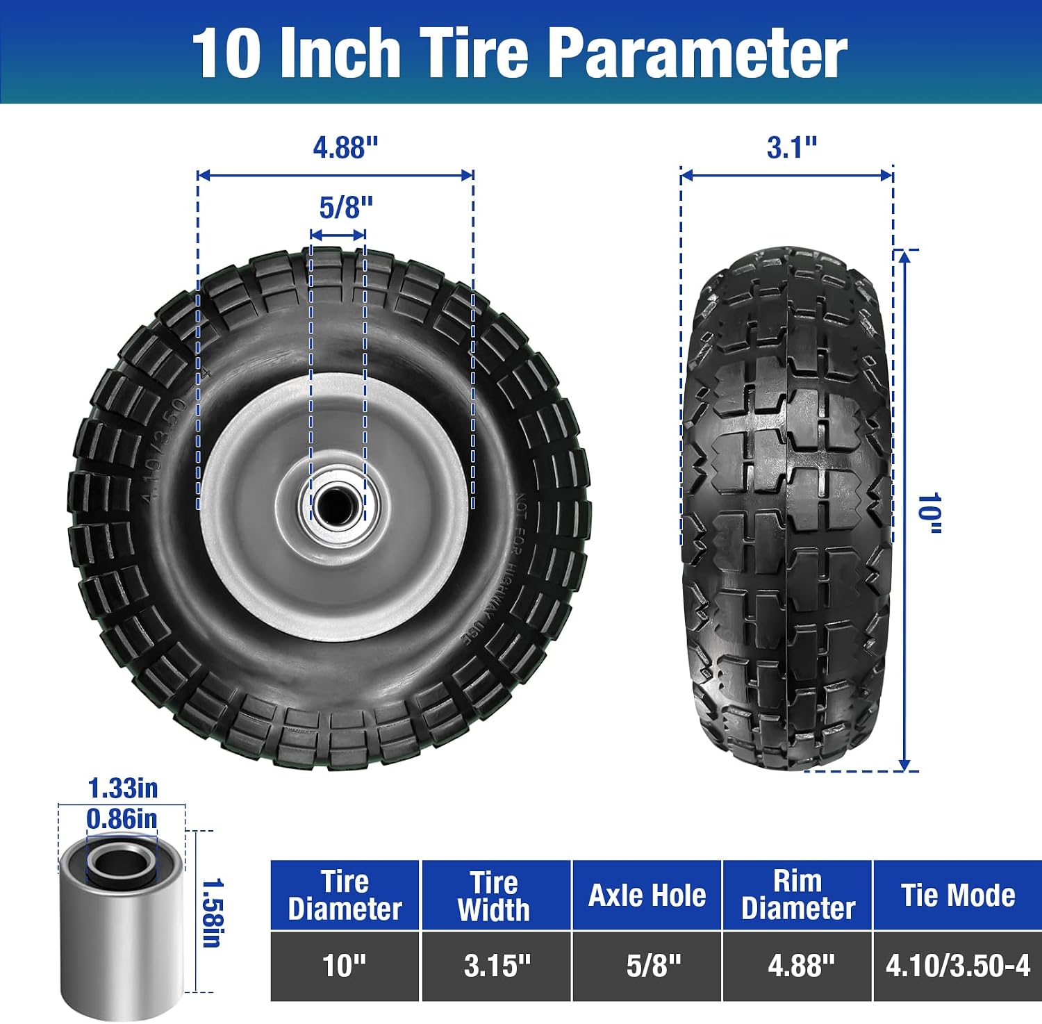4 Pcs 4.10/3.50-4 Flat Free Tires and Dolly Wheel, 10" Solid Non-inflated Tires Wheels with 5/8 Ball Bearings, 2.24" Offset Hub for Wheelbarrow