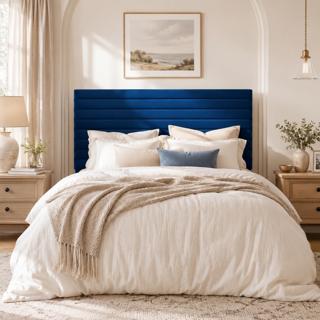 Allewie Queen Bed Frame, Velvet Upholstered Platform Bed with Adjustable Headboard, Horizontal Channel Design, Wood Slat Support, No Box Spring Needed, Noise Free, Easy Assembly, White