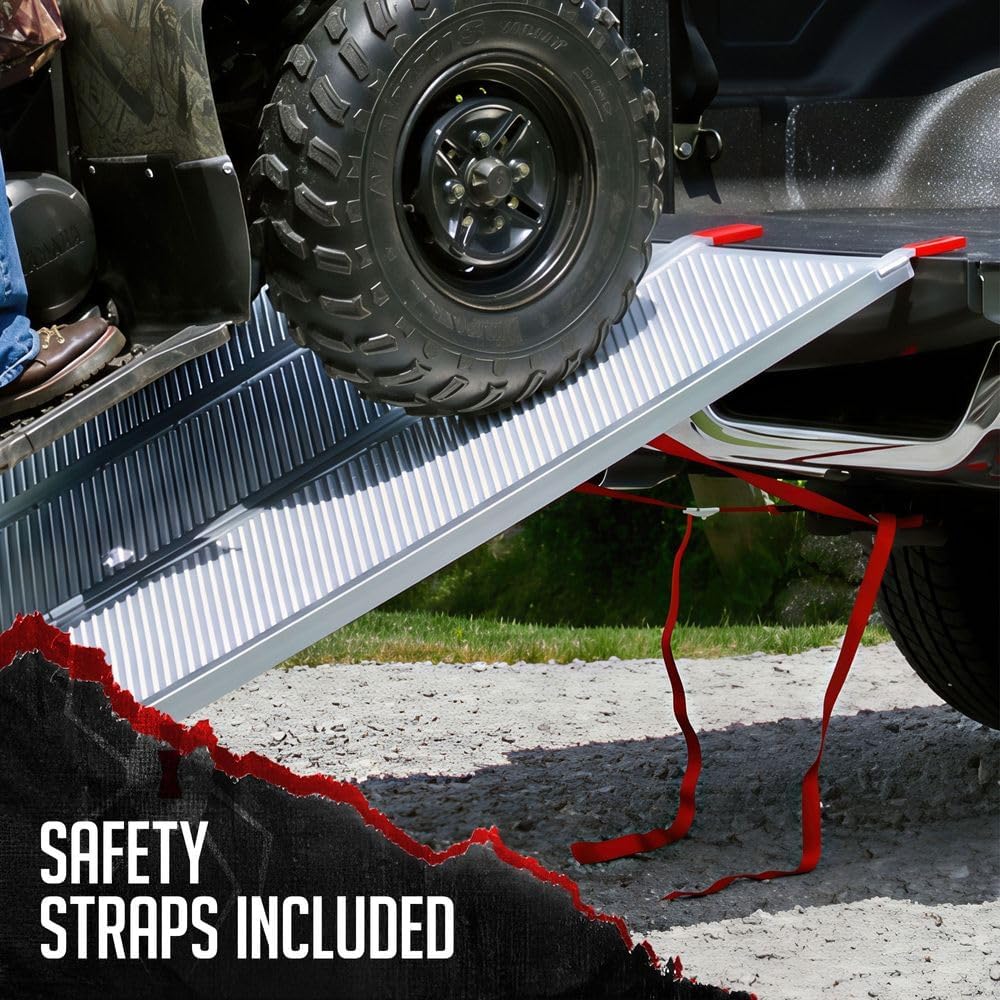 Black Widow 6ft 5in Aluminum Folding ATV Loading Ramp, 1500 lb Capacity | Load four-wheelers into trailer, folds into thirds for storage, safety straps included