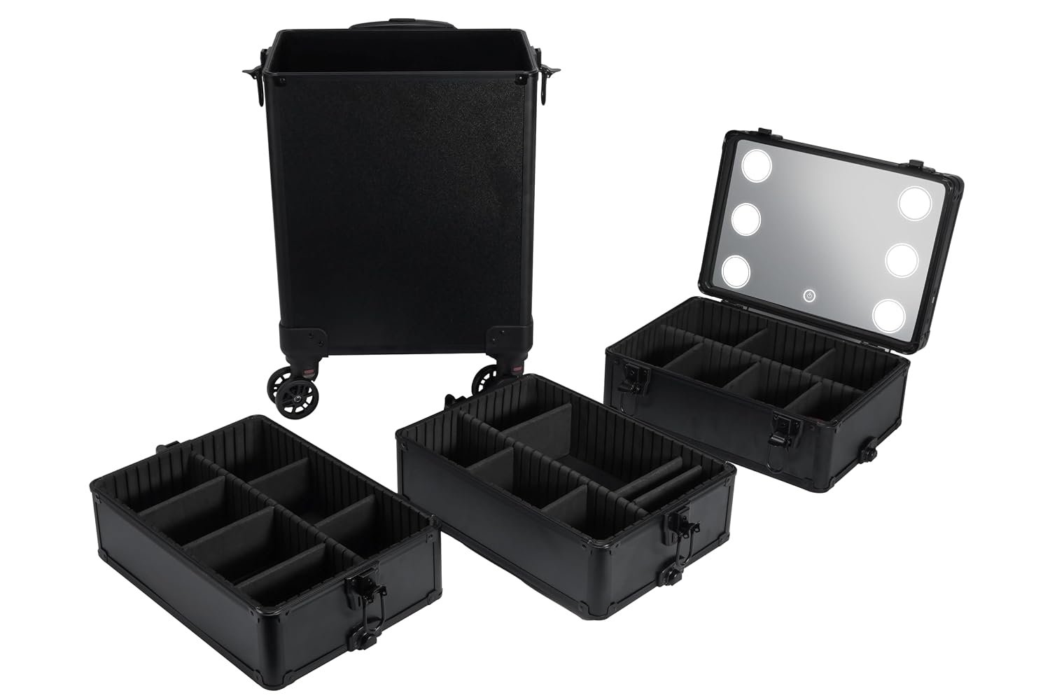 mefeir 4 in 1 Rolling Makeup Train Case, Aluminum Makeup Travel Organizer Cosmetic Case, Cosmetology Display Suitcase on Wheels, Beauty Storage Luggage Lockable w/4 Removable Wheels (Black)