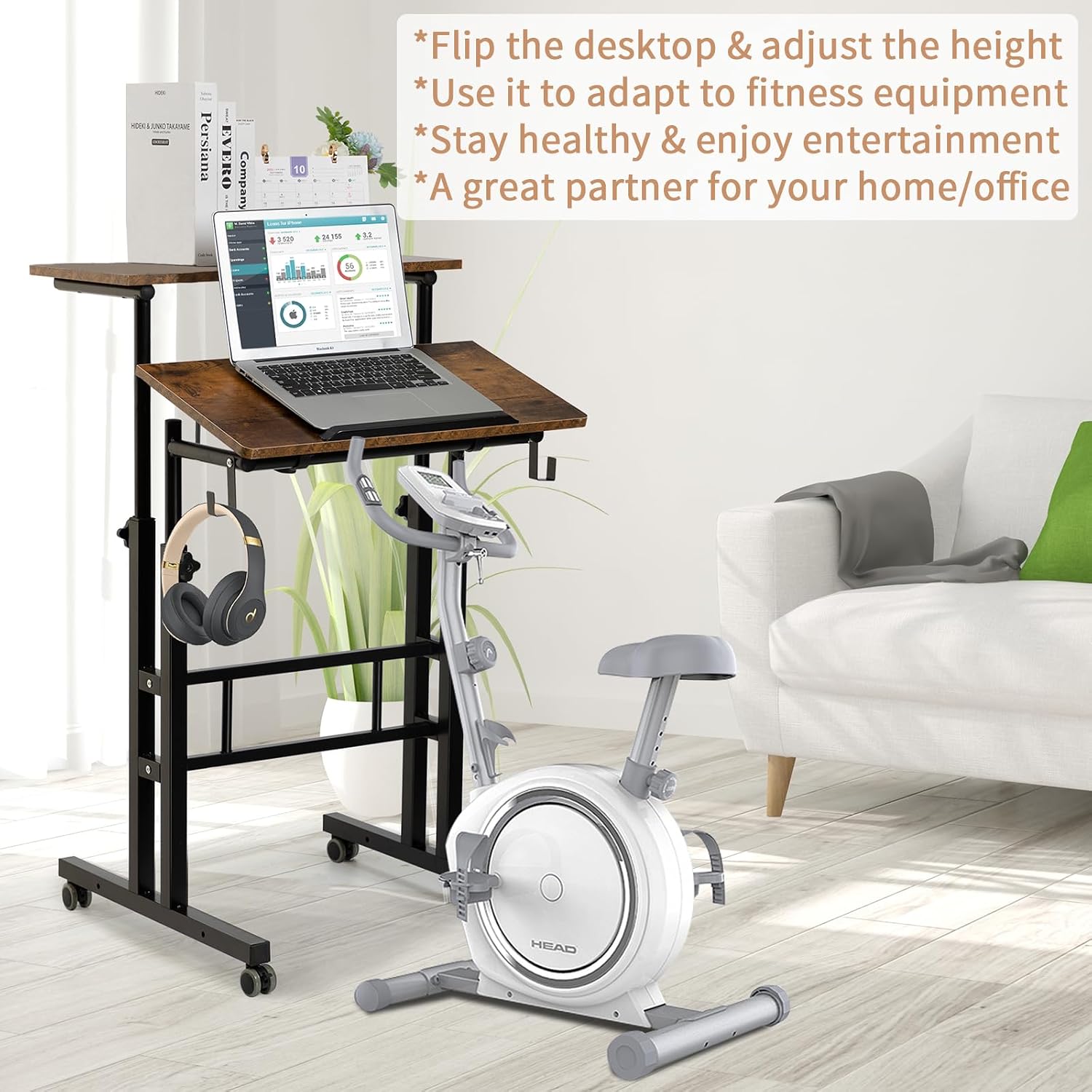 SIDUCAL Mobile Standing Desk, Portable Stand Up, Small Adjustable Converter with Wheels Home Office Workstation, Rolling Desk Laptop Cart for Standing or Sitting, Black