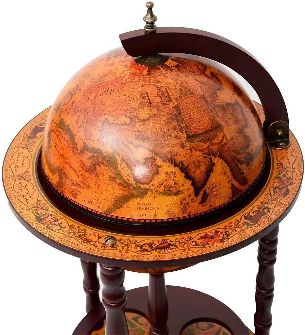 LDAILY Moccha 17” Globe Wood Wine Bar Stand, 16th Century Italian Replica Liquor Bottle Shelf w/Wheels, Wood Wine Cart Cabinet w/Bottom Shelf