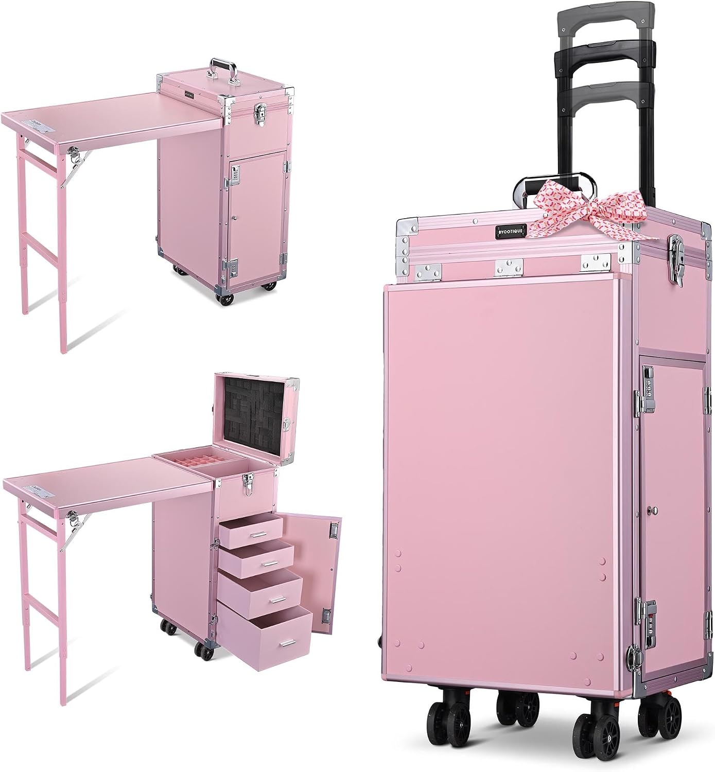 BYOOTIQUE Portable Nail Desk with 4 Storage Drawer Rolling Manicure Table