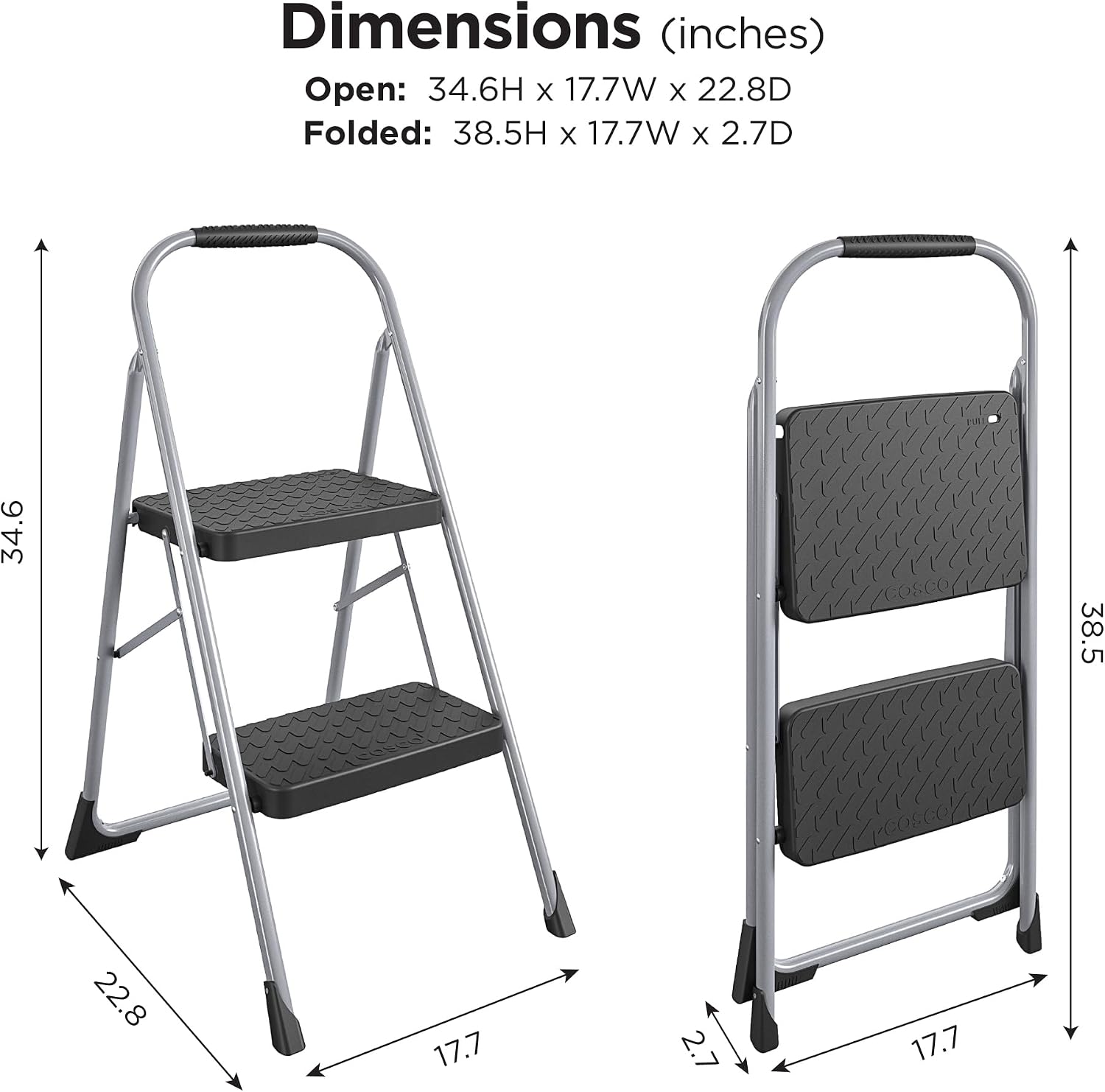 Cosco 11408PBL1E Three Step Big Step Folding Step Stool with Rubber Hand Grip, Grey