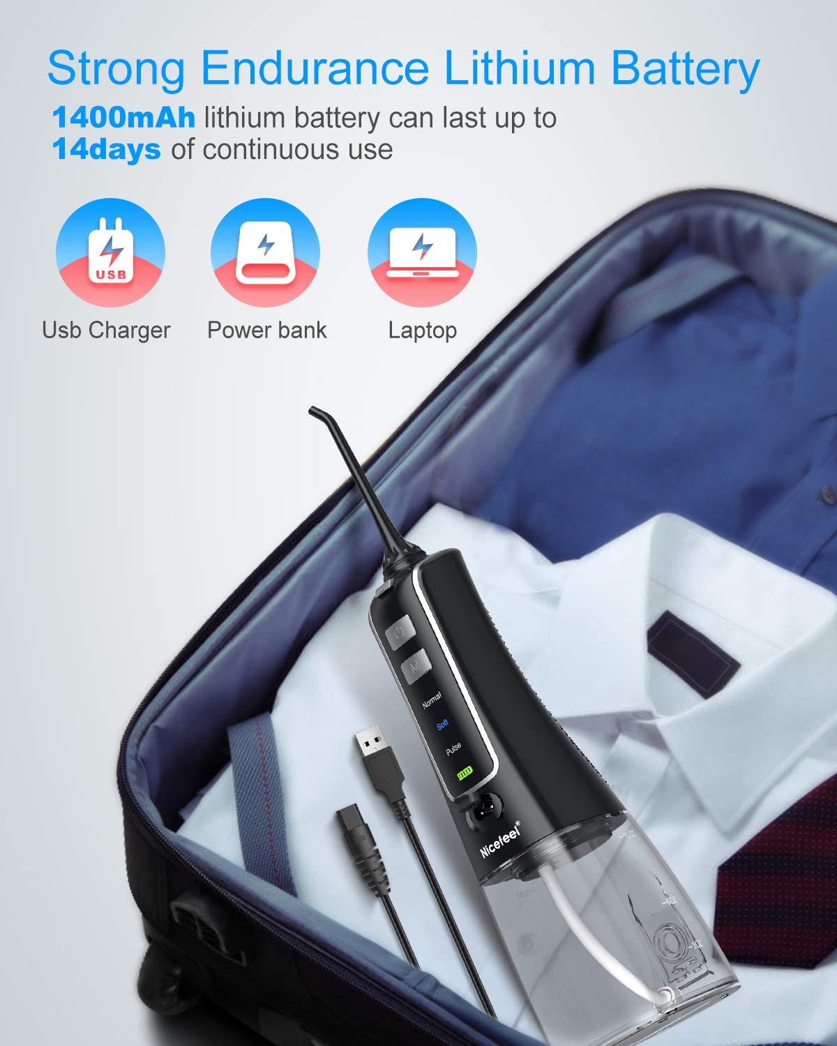 Nicefeel Cordless and Rechargeable Water Flosser - 300ML Water Tank Oral Irrigator, 4 Jet Tips