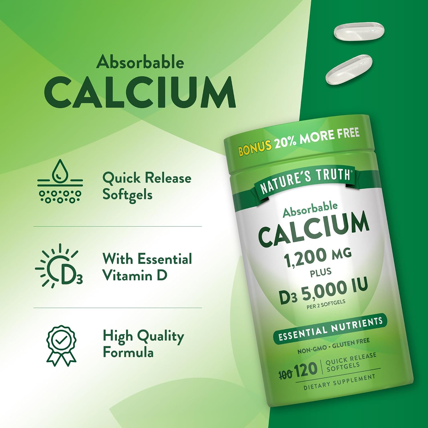 Nature's Truth Absorbable Calcium | 1200 mg | with Vitamin D3 5000 IU