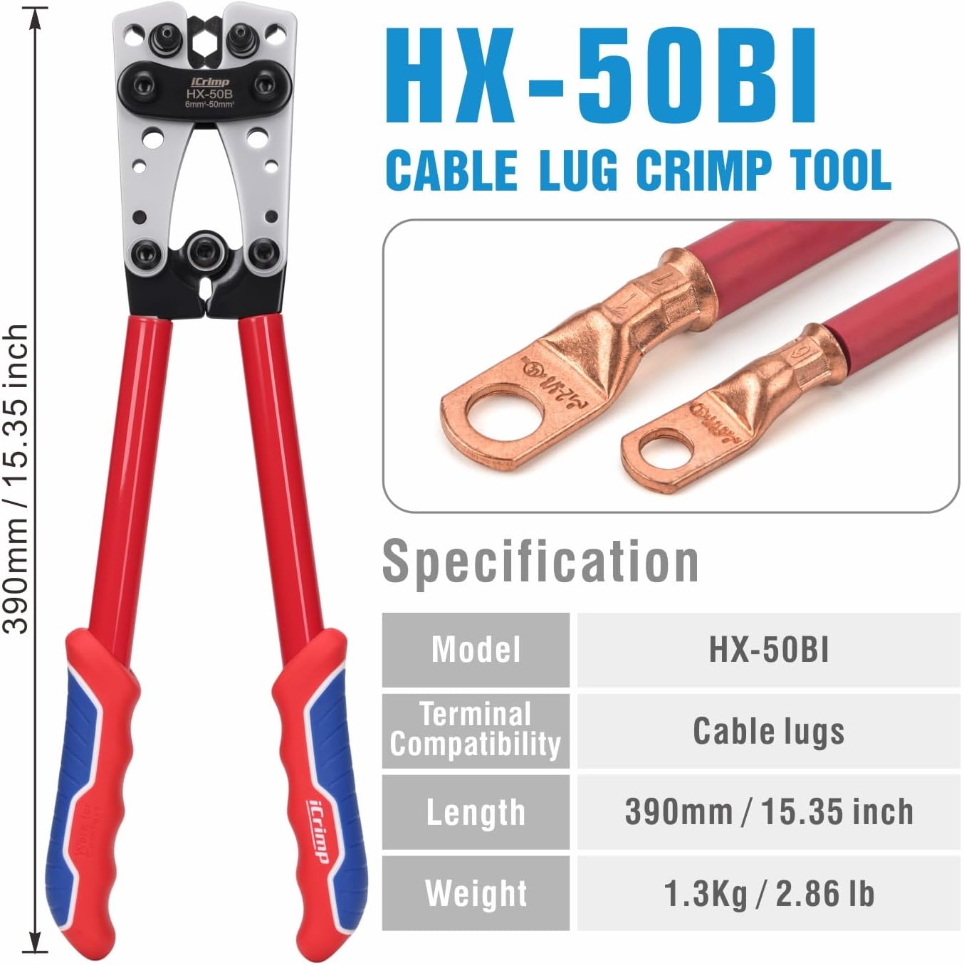iCrimp Battery Cable Lug Crimping Tool for 8, 6, 4, 2, 1, 1/0 AWG Heavy Duty Wire Lugs, Battery Terminal, Copper Lugs with Wire Shear Cutter