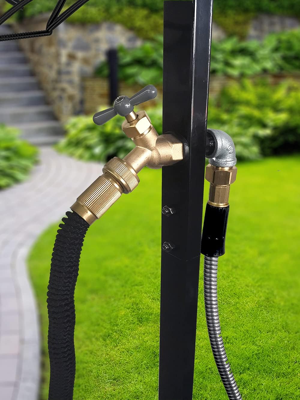 Artigarden Freestanding Garden Hose Holder Hanger, Heavy Duty Metal Water Hose Reel Storage Stand Rack for Yard Lawn, Bright Black (Hose not Included)