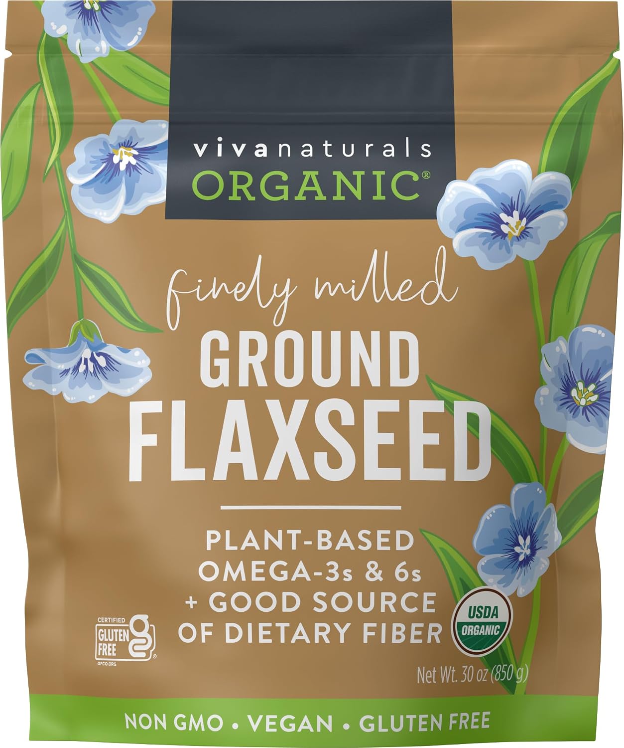 Viva Naturals Organic Ground Flaxseed, 15 oz (425 g) – Plant-Based Protein, Vegan Omega-3 & Fiber, Finely Milled Flax Seeds, Perfect for Smoothies & Baking