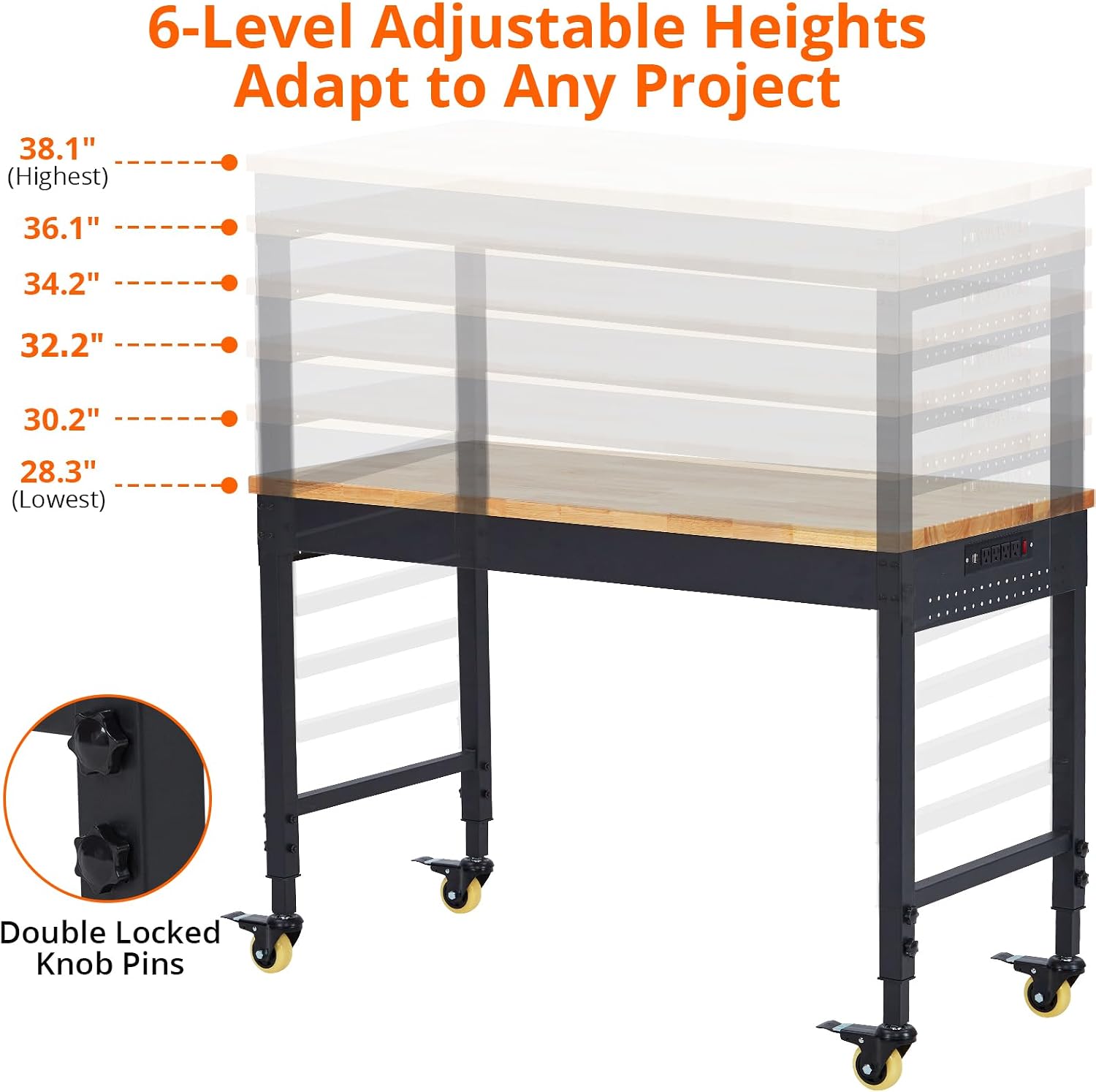 48’’x24’’ Adjustable Workbench,Workbench with Drawers,Darage Workbench with Pegboard,2000 LB Load Capacity,4 Rolling Casters, Power Outlets, Metal Frame,for Garage, Workshop, Home, Office