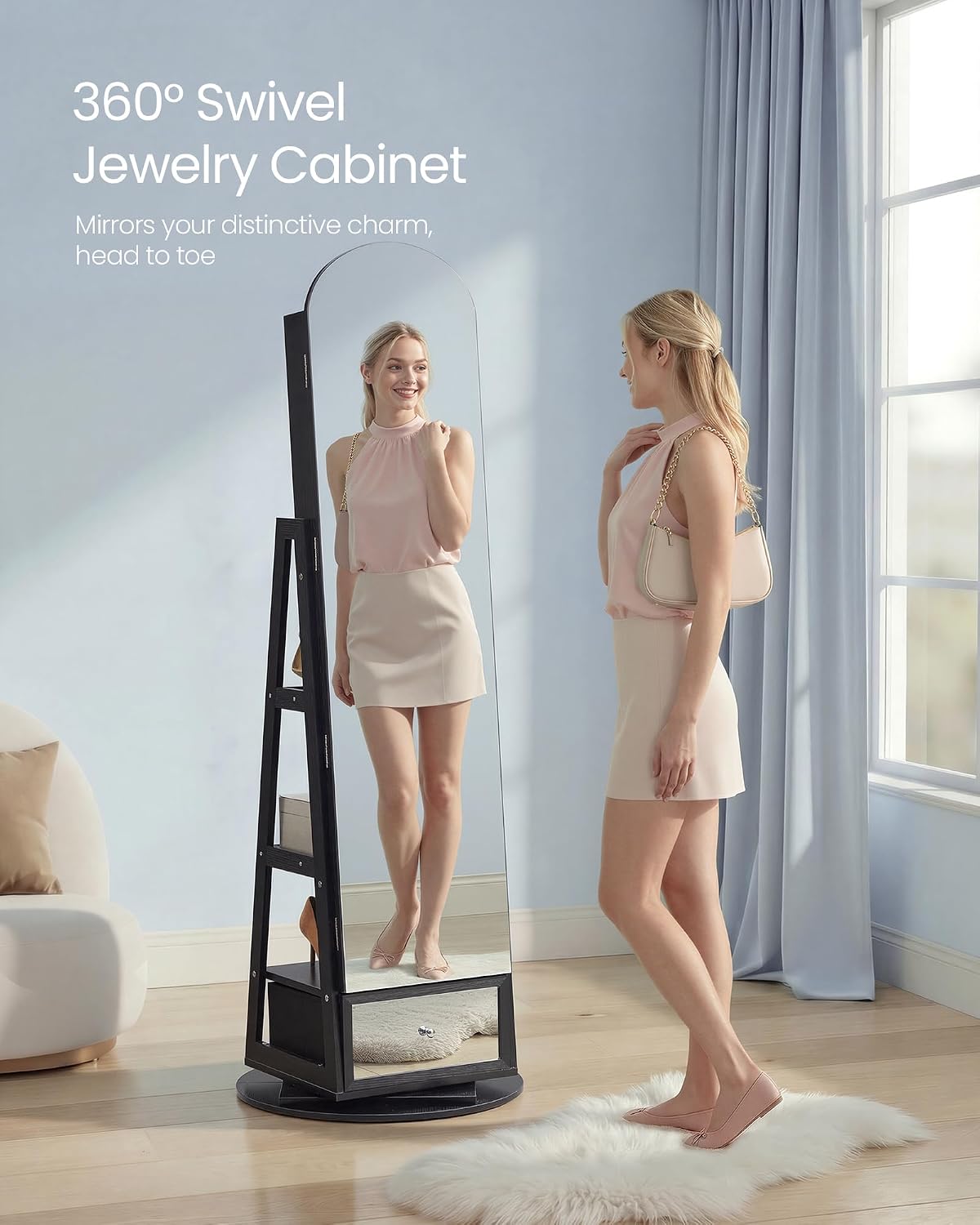 SONGMICS 360° Swivel Jewelry Cabinet, Full-Length Mirror, Lockable