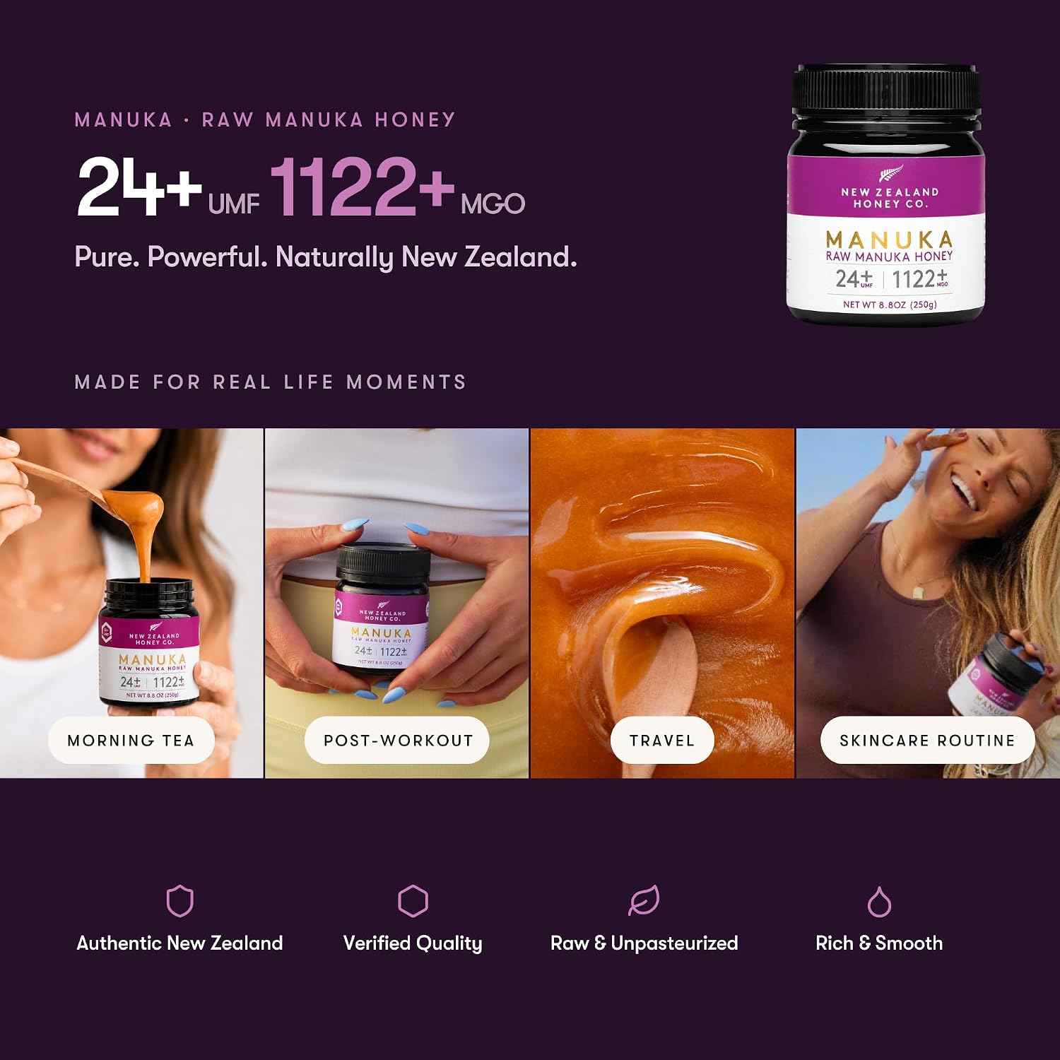 Raw Manuka Honey UMF 24+ MGO 1122+, UMF Certified, 3rd Party Tested, 8.8oz