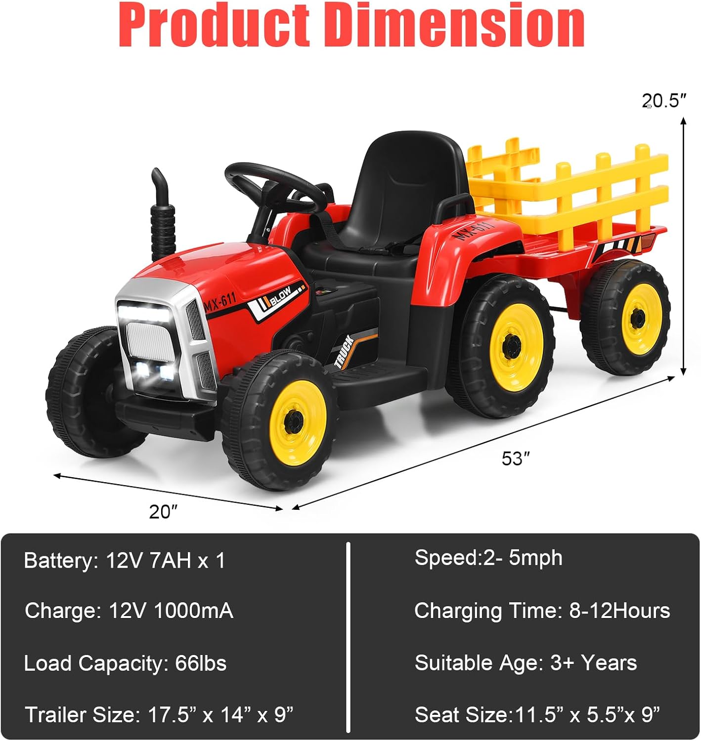 Costzon Ride on Tractor with Detachable Trailer, Kids' Electric Vehicles w/3-Gear-Shift Ground Loader, Wireless Design & USB, 7 LED Headlights