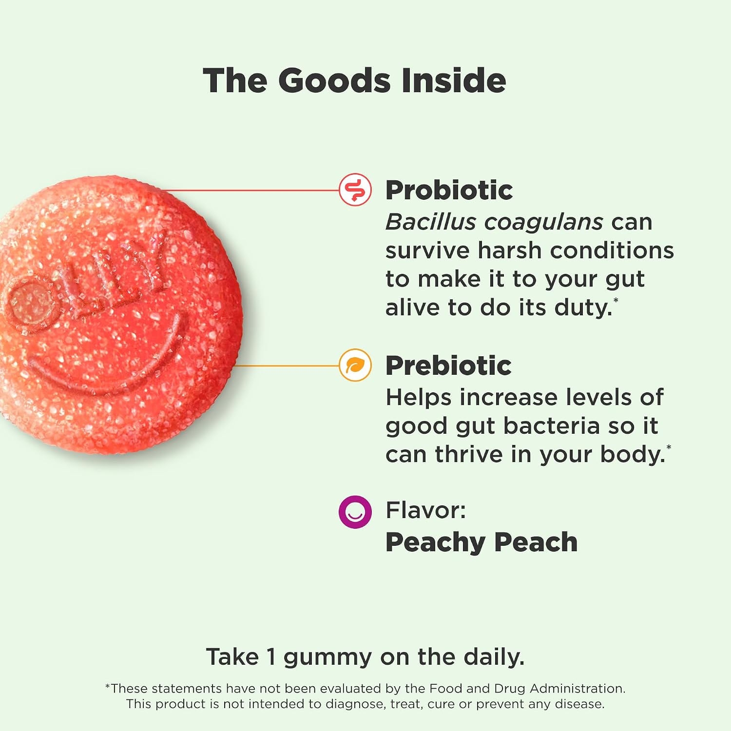 OLLY Probiotic + Prebiotic Gummy, 500 million CFUs, Peachy Peach - 30 Count